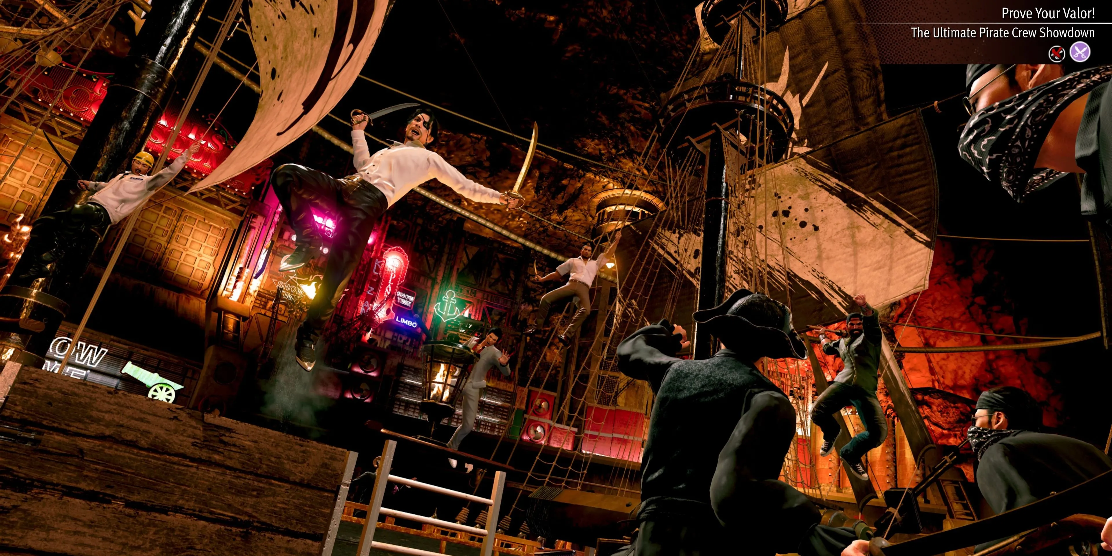 alt: Majima và thủy thủ đoàn Goro Pirates chuẩn bị lên tàu địch để giao chiến sàn tàu với Amon Pirates