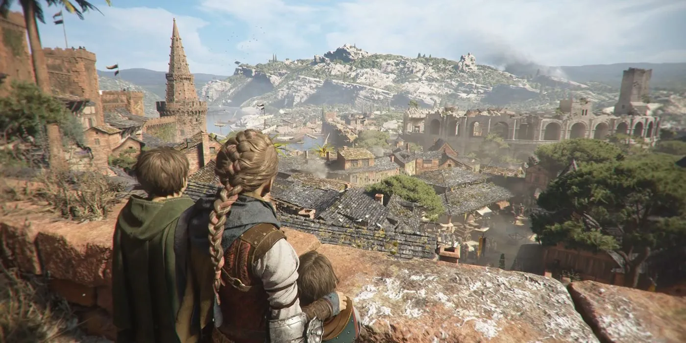 Amicia và Hugo nhìn ra thành phố rộng lớn trong A Plague Tale Requiem