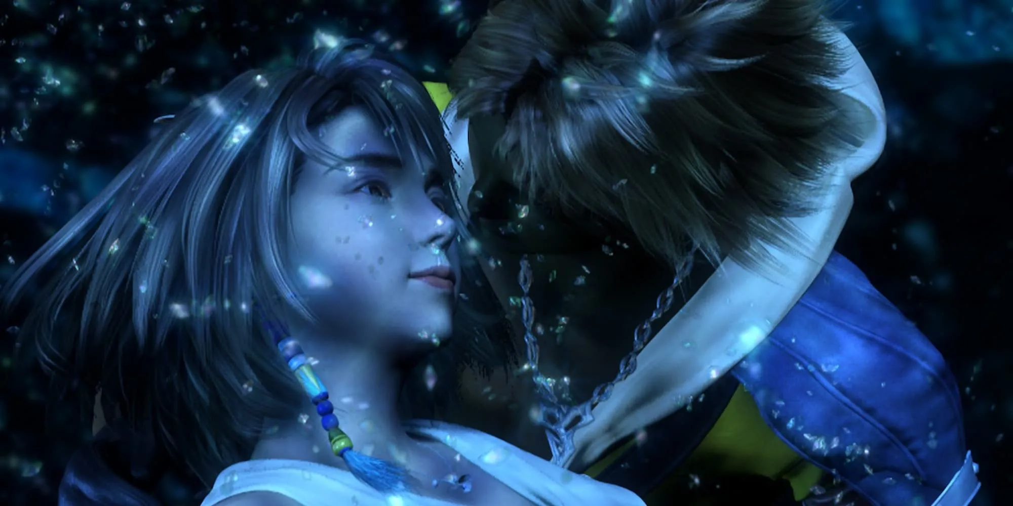 Ảnh chụp màn hình Final Fantasy X, X-2 HD Remaster với Tidus và Yuna, biểu tượng của câu chuyện tình yêu và hy sinh