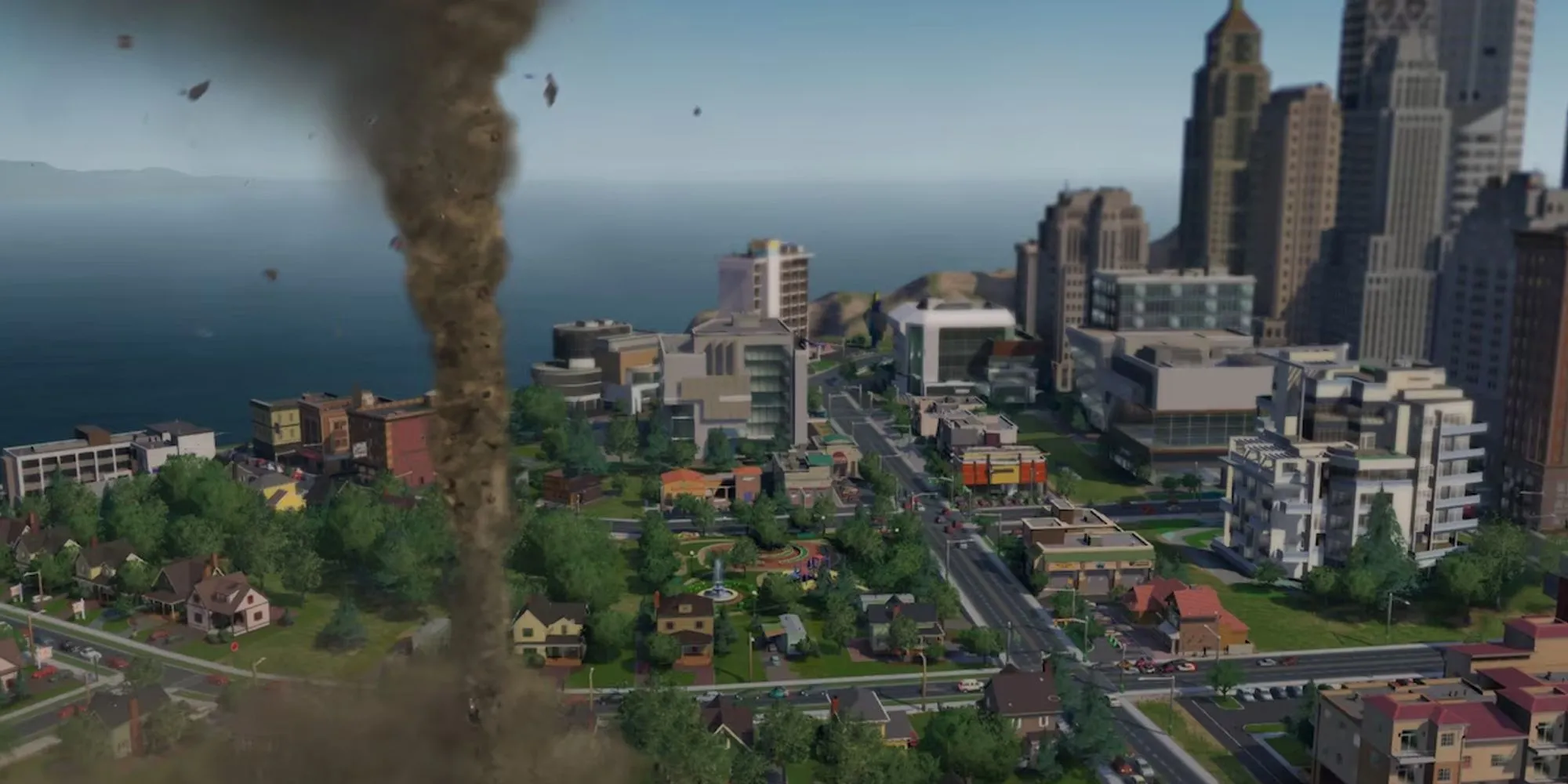 Ảnh chụp màn hình game SimCity 2013 với các tòa nhà và đường xá lung linh về đêm