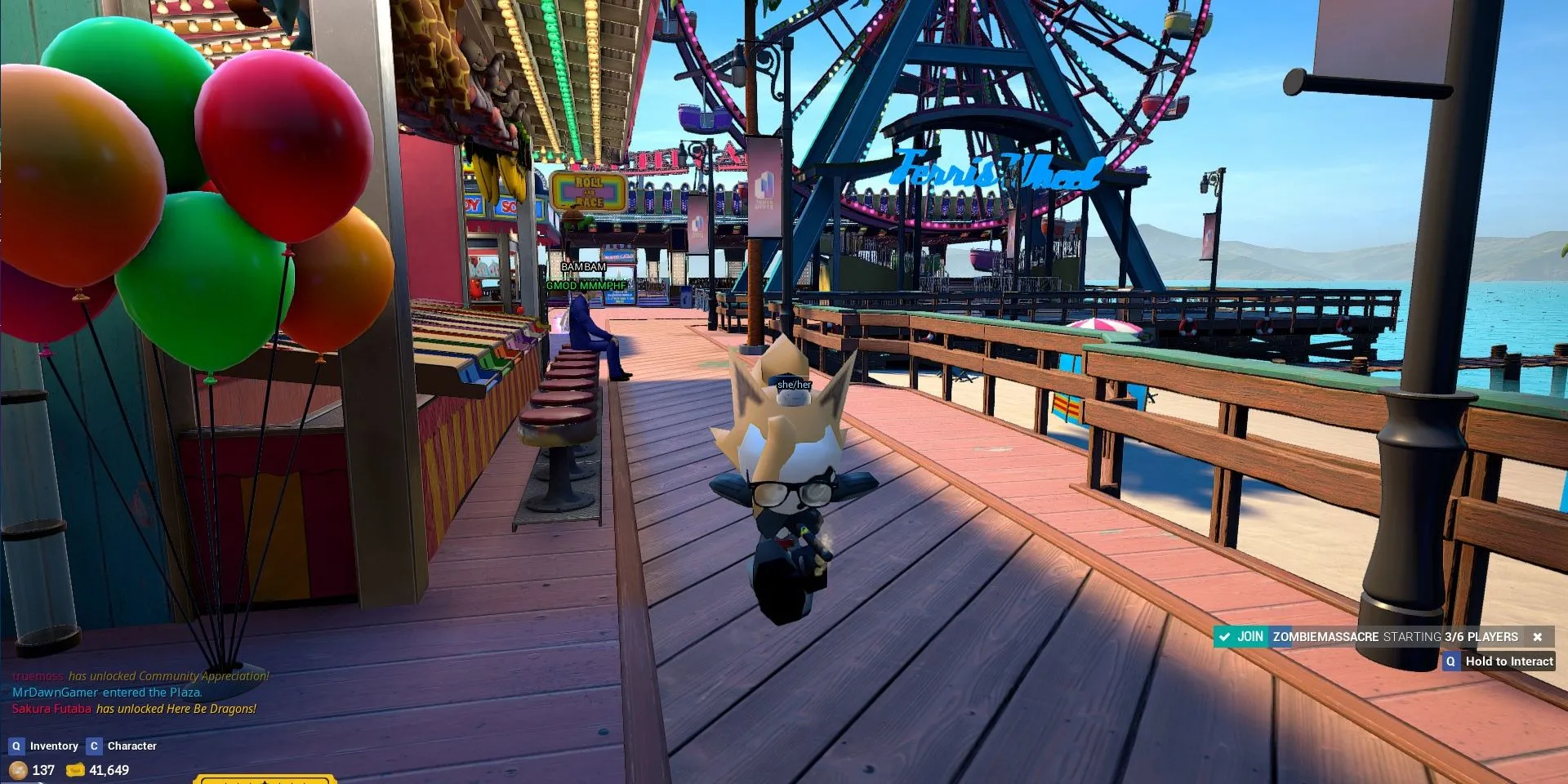 Ảnh chụp màn hình game Tower Unite với các mô hình nhân vật trên Boardwalk trước vòng đu quay