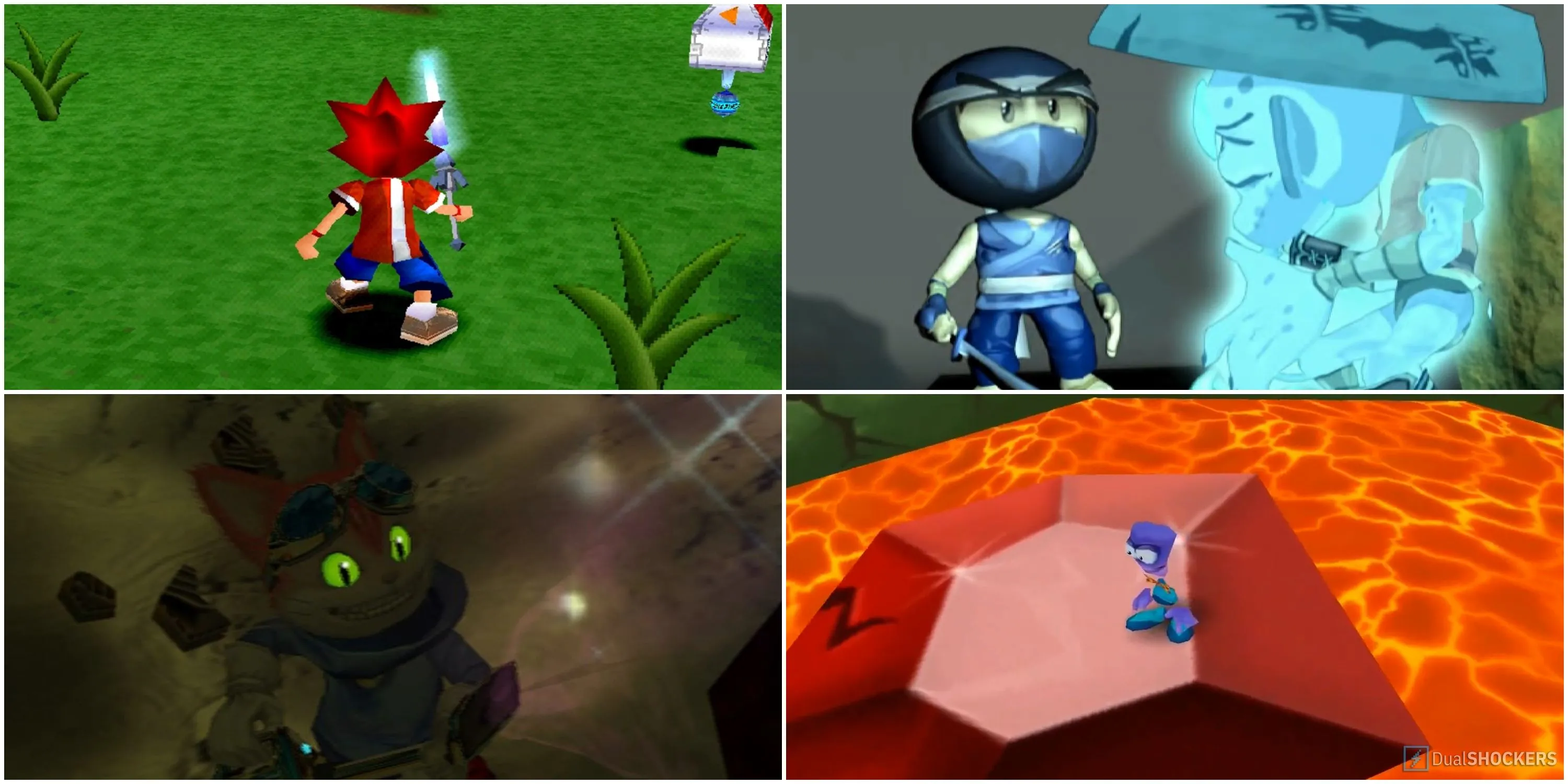 Ảnh collage các game platformer 3D kinh điển như Ape Escape, I-Ninja, Blinx cần làm lại