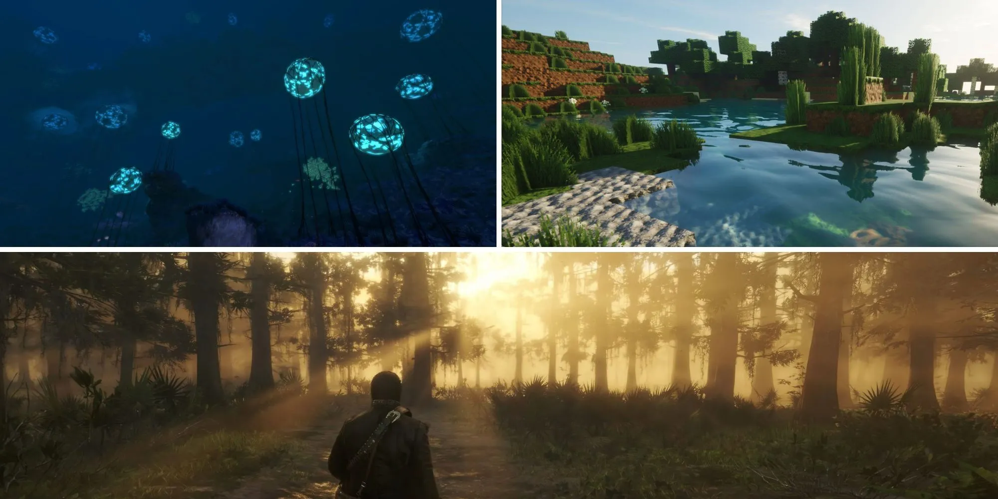 Ảnh minh họa các thế giới mở trong game, bao gồm Subnautica, Minecraft, Red Dead Redemption 2