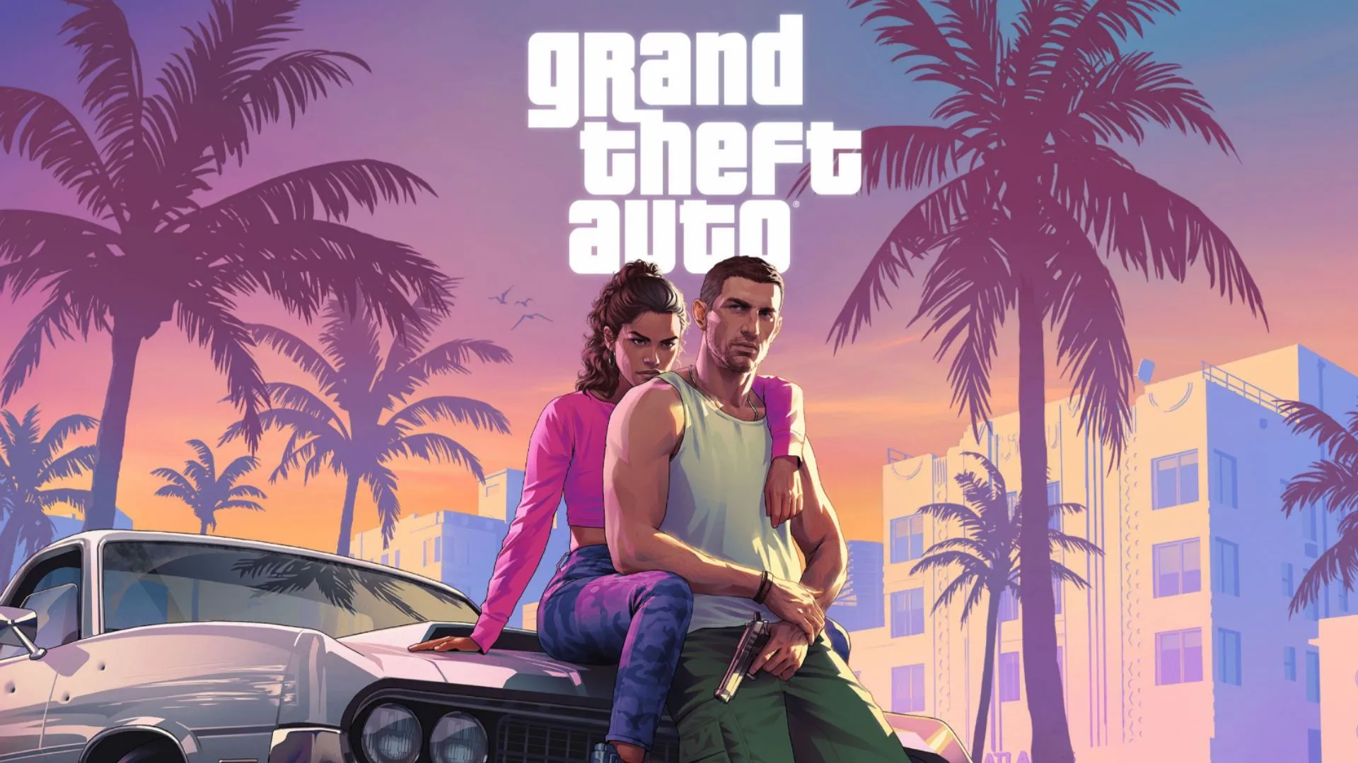 Artwork chính thức của Grand Theft Auto VI với Lucia và Jason tại bãi biển