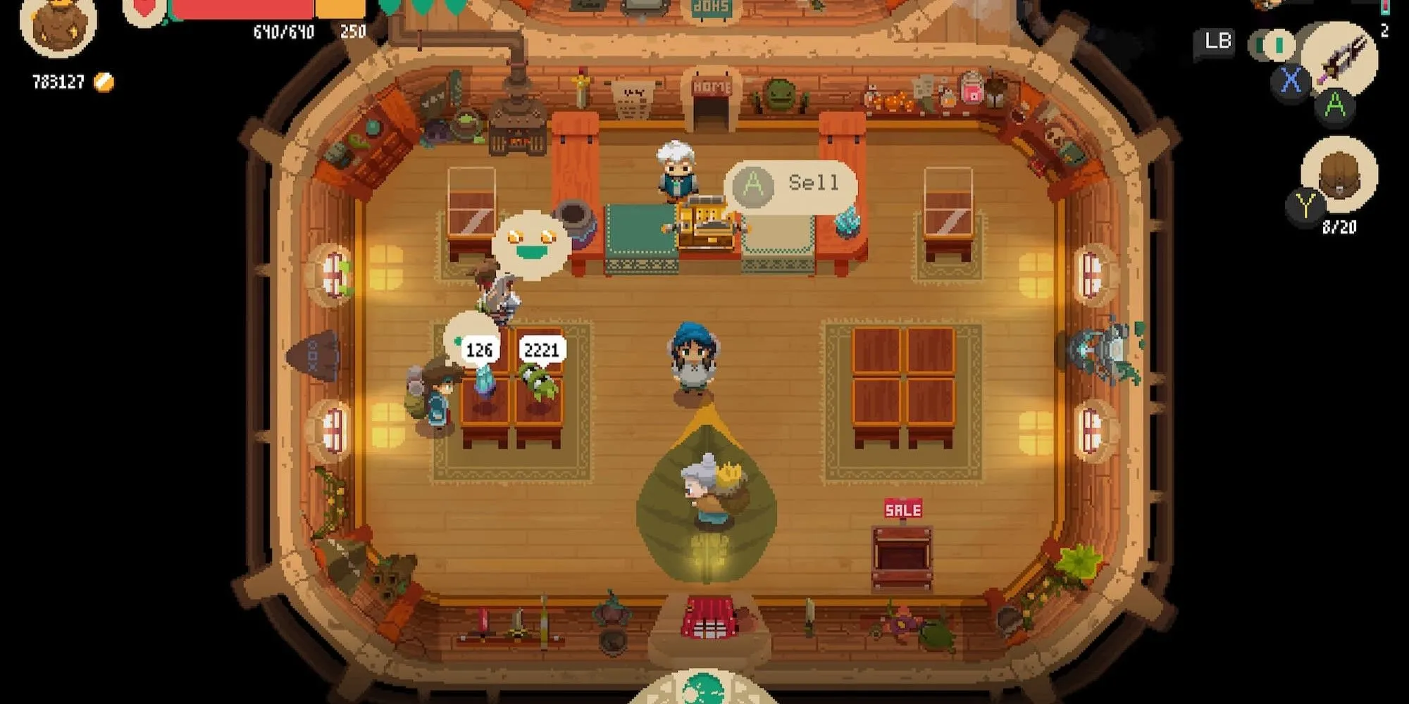 Bán vật phẩm cho khách hàng trong cửa hàng ở Moonlighter