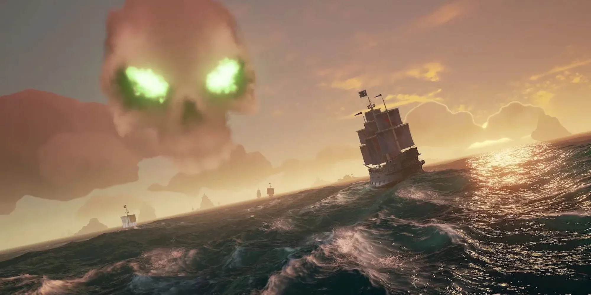 Bầu trời với biểu tượng đầu lâu đặc trưng trong game cướp biển Sea of Thieves