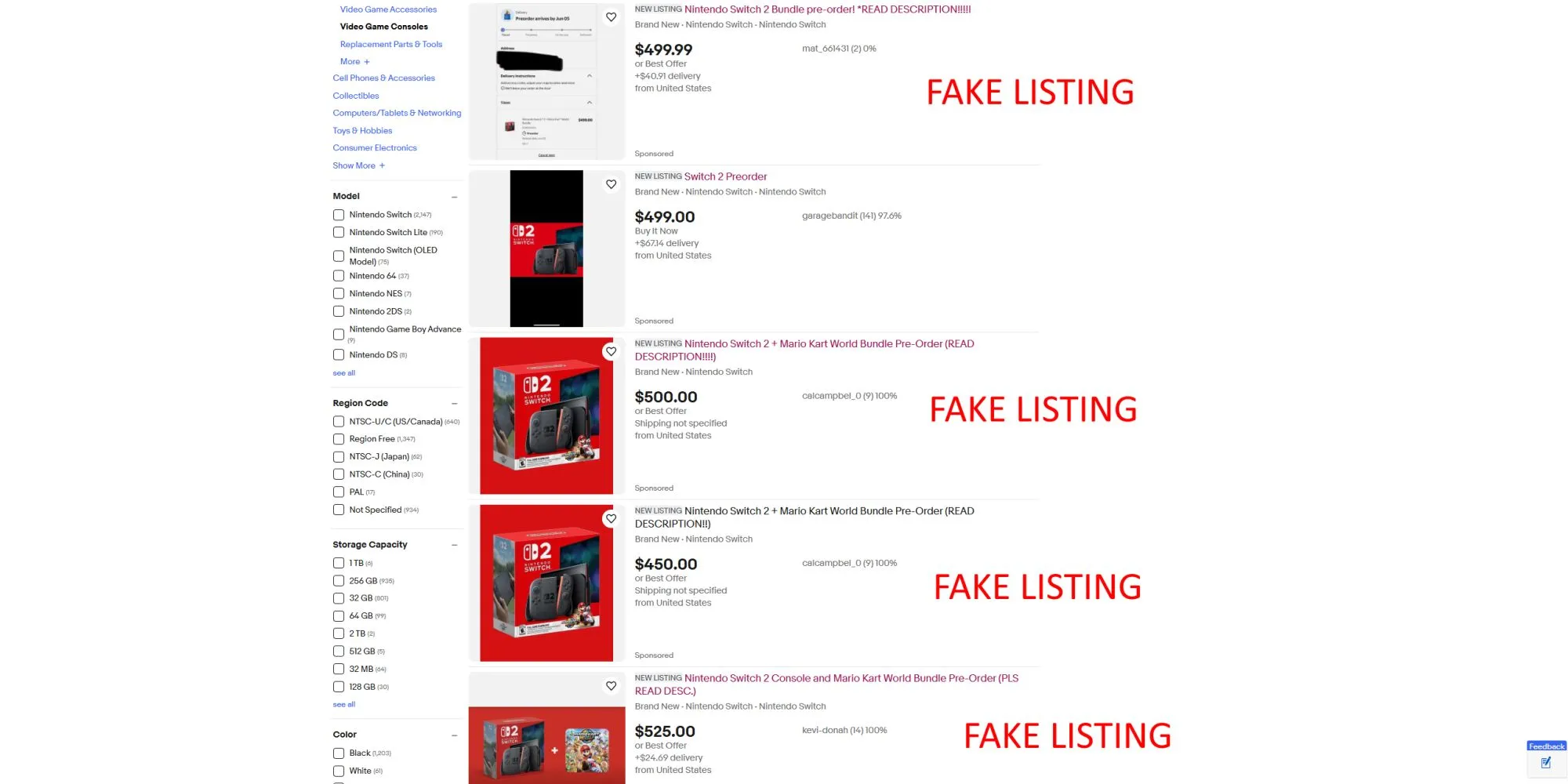 Các danh sách bán hàng giả Nintendo Switch 2 trên eBay với giá gần giá gốc