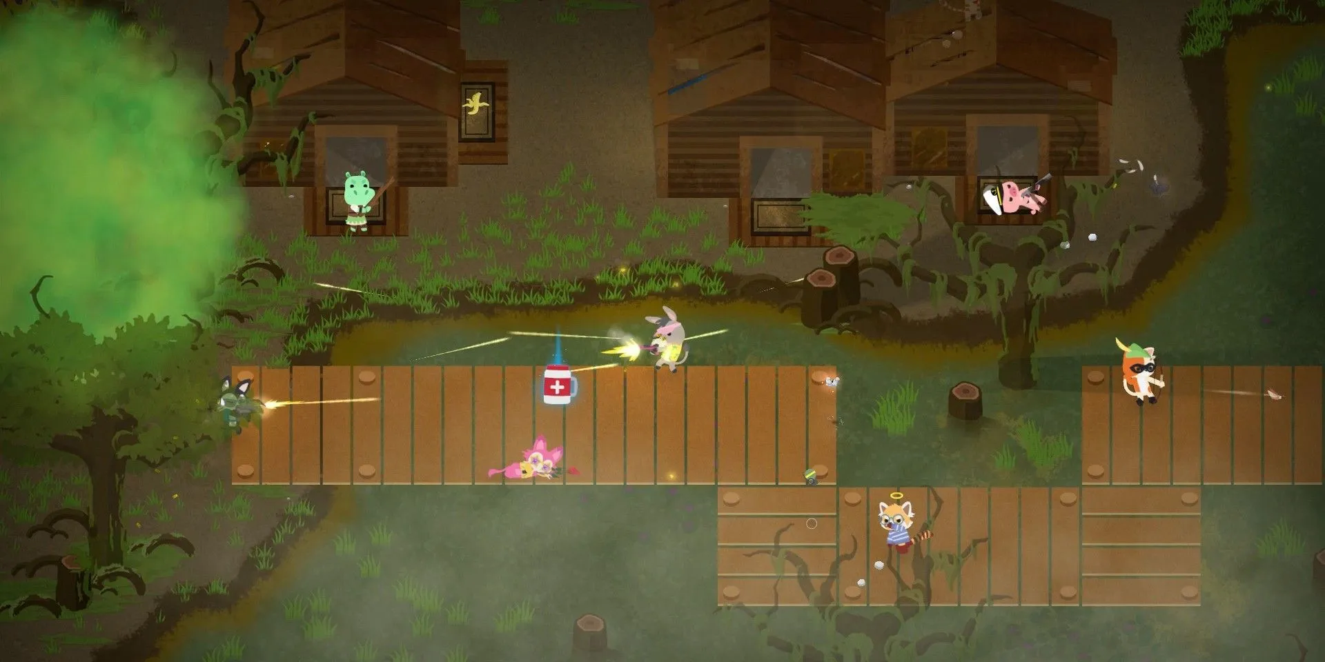 Các nhân vật động vật trong Super Animal Royale đang giao chiến bằng súng