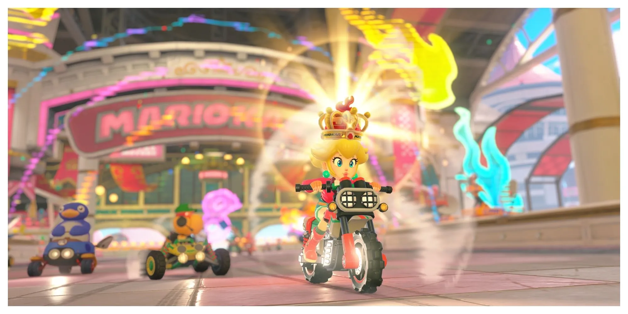 Các nhân vật Mario Kart đua xe trong môi trường mở của Mario Kart World trên Switch 2