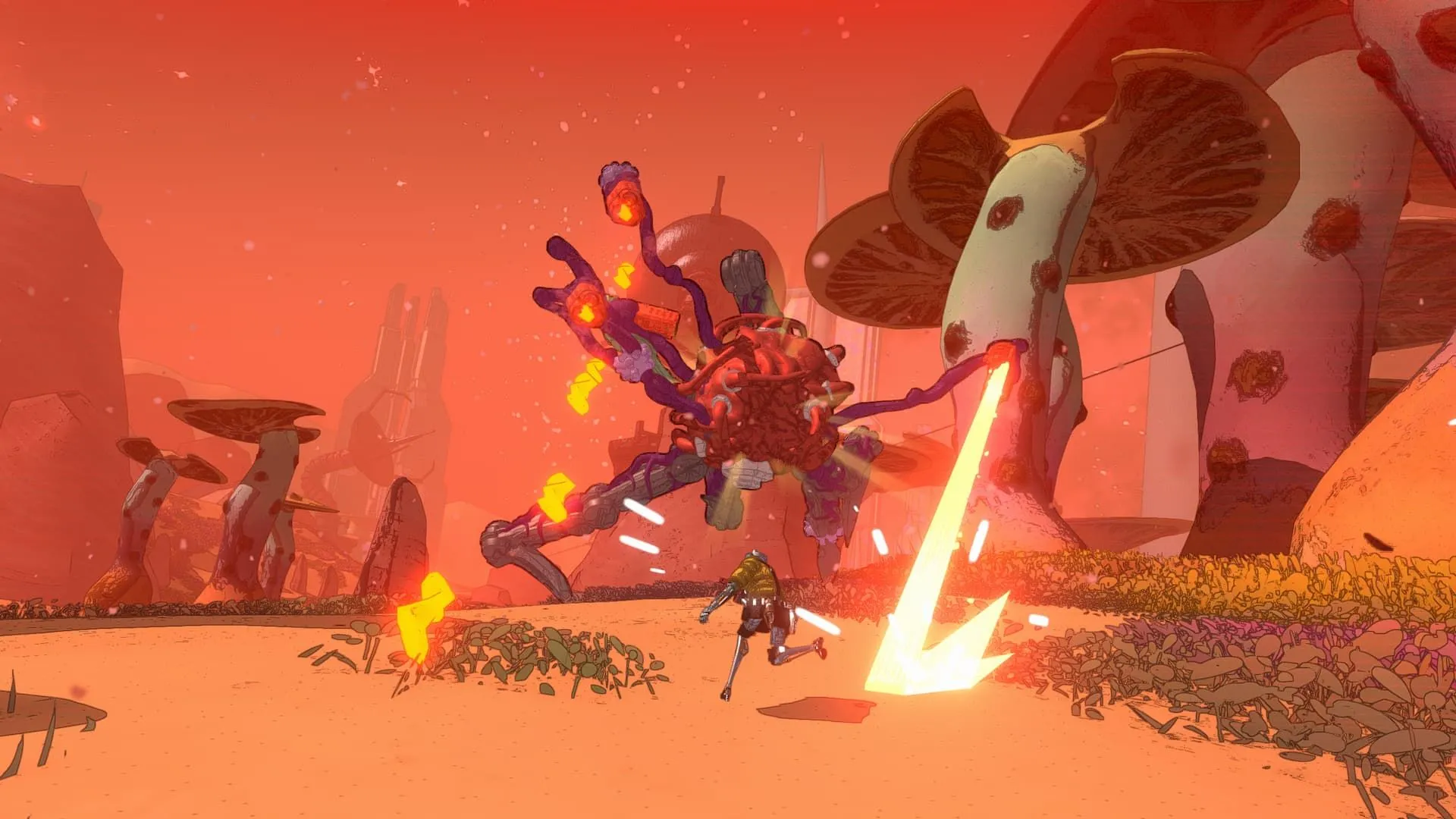 Cảnh chiến đấu ác liệt với quái vật ngoài hành tinh bắn laser trong game bắn súng Mycopunk