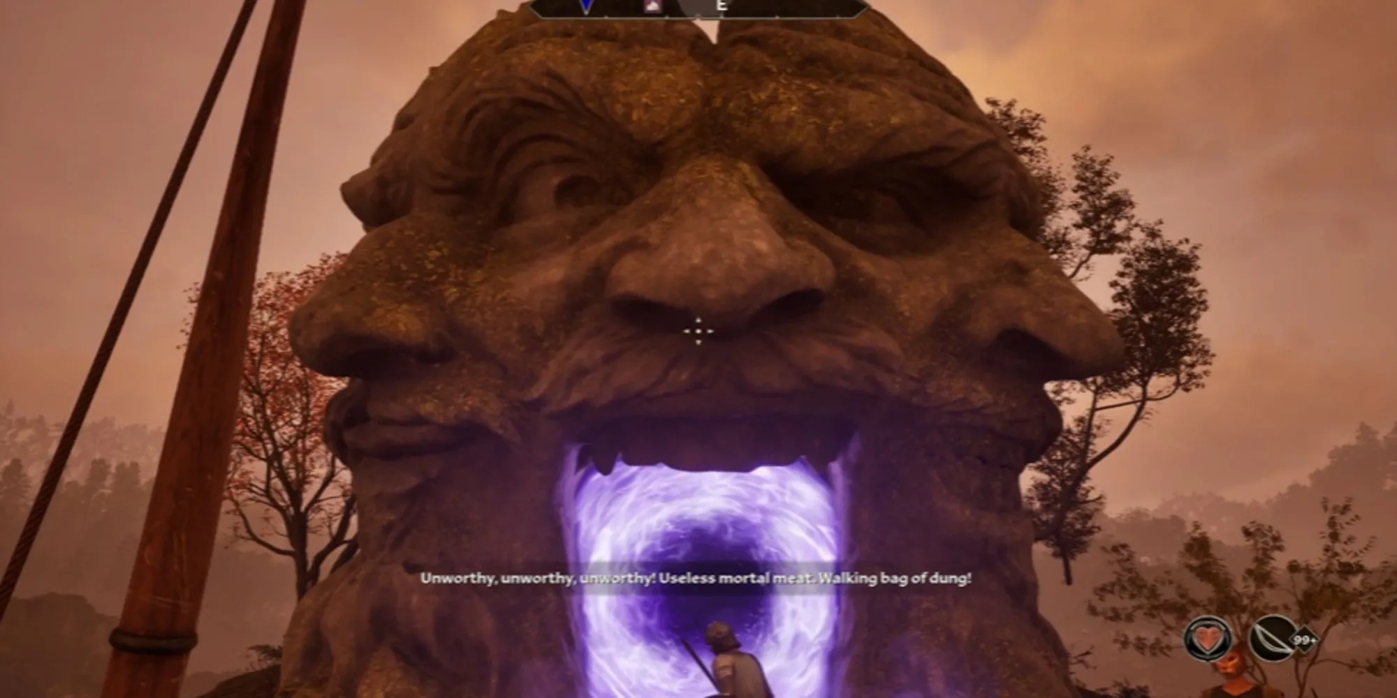 Cánh cổng kỳ lạ dẫn đến Shivering Isles trong Oblivion Remastered, đặt trên hòn đảo hình đầu người gần Bravil