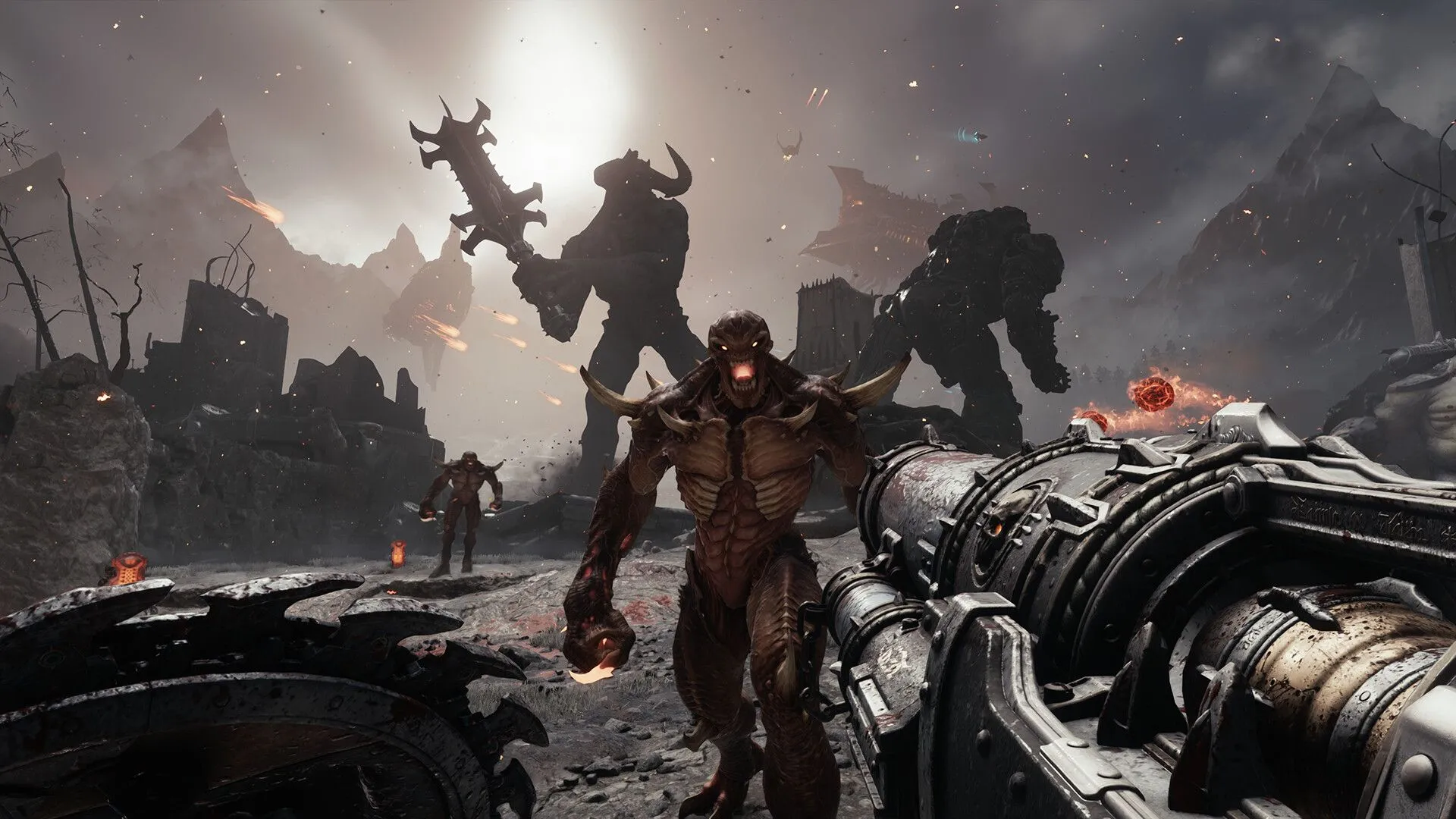 Cảnh hành động mãn nhãn của Doom Slayer đối đầu với bầy quỷ trong game DOOM The Dark Ages, thể hiện đồ họa game ấn tượng