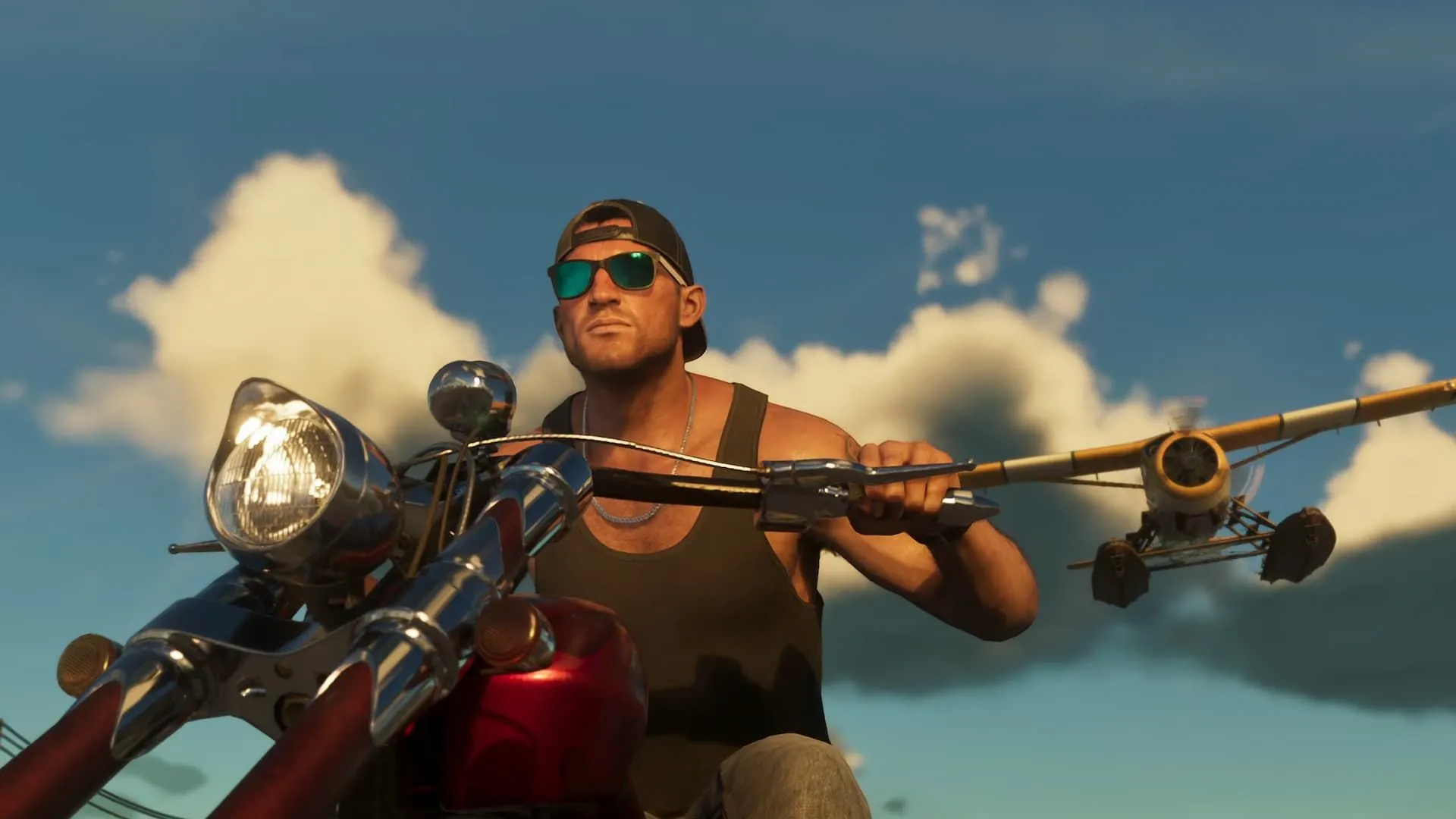 Cảnh nhân vật lái mô tô trong Grand Theft Auto 6 tại Vice City rực rỡ