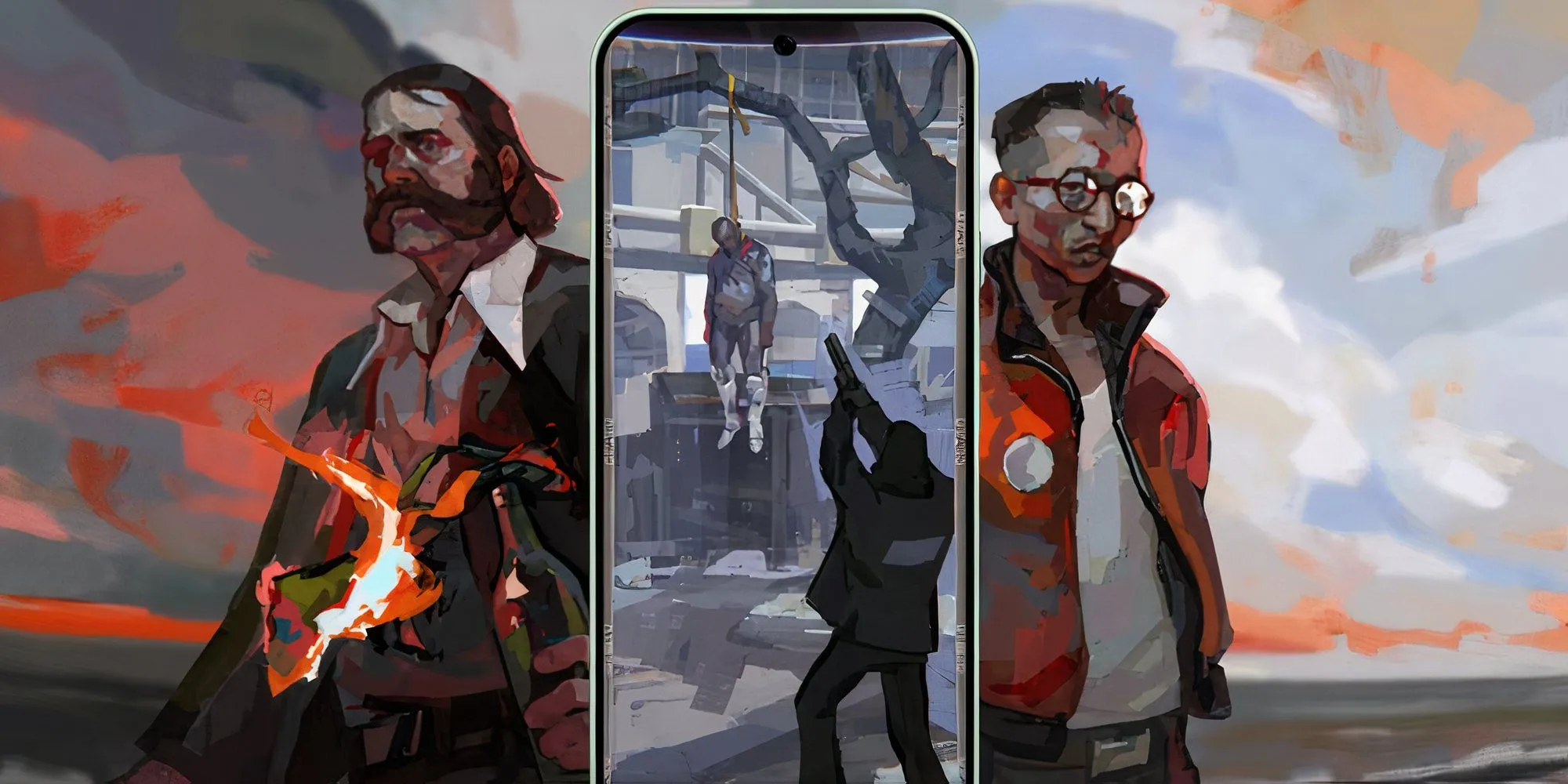Cảnh trong Disco Elysium Mobile cho thấy hành động bắn hạ thi thể