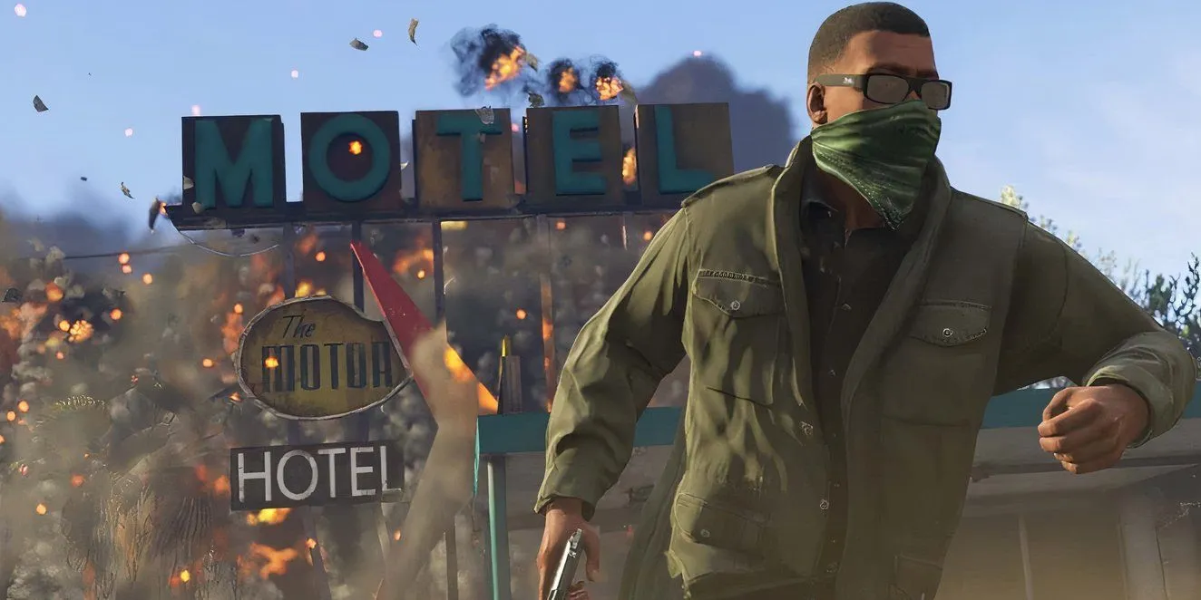 Cảnh tượng hỗn loạn với vụ nổ lớn trong GTA 5, minh họa lối chơi bạo lực và gây rối