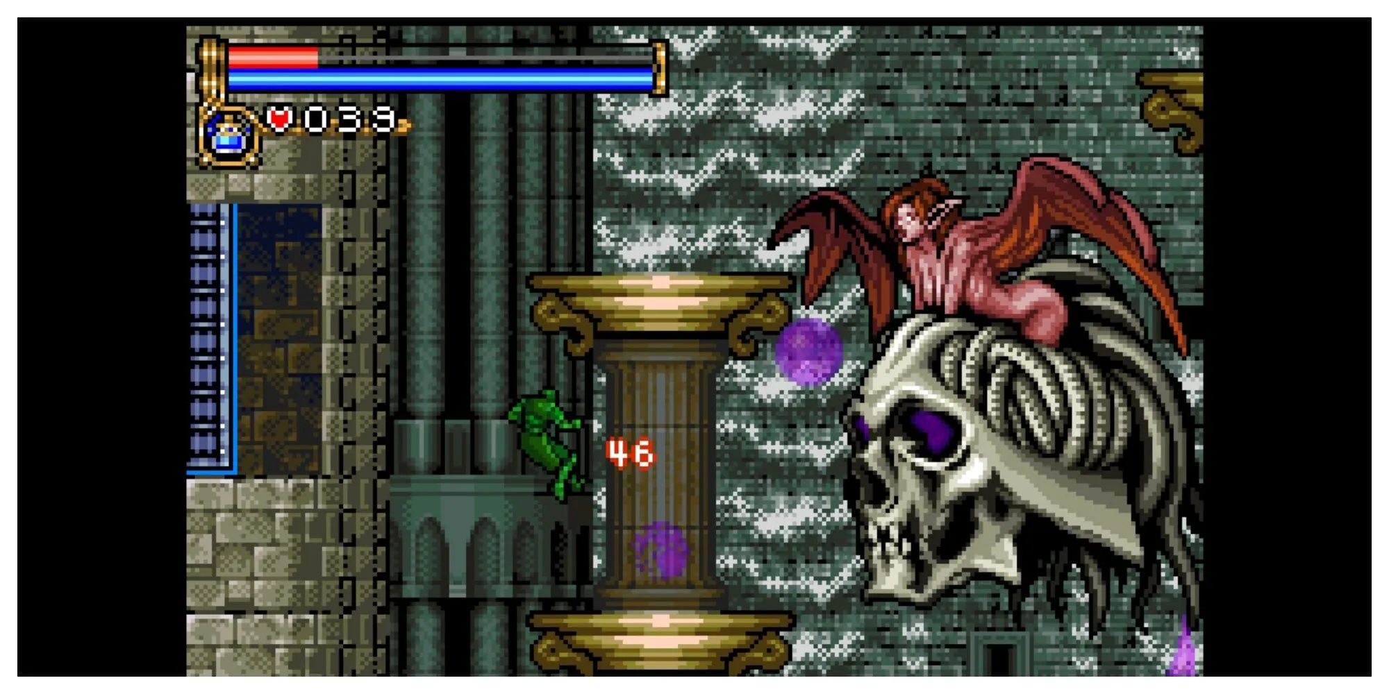 Carmilla cưỡi đầu lâu khổng lồ trong Castlevania Circle of the Moon