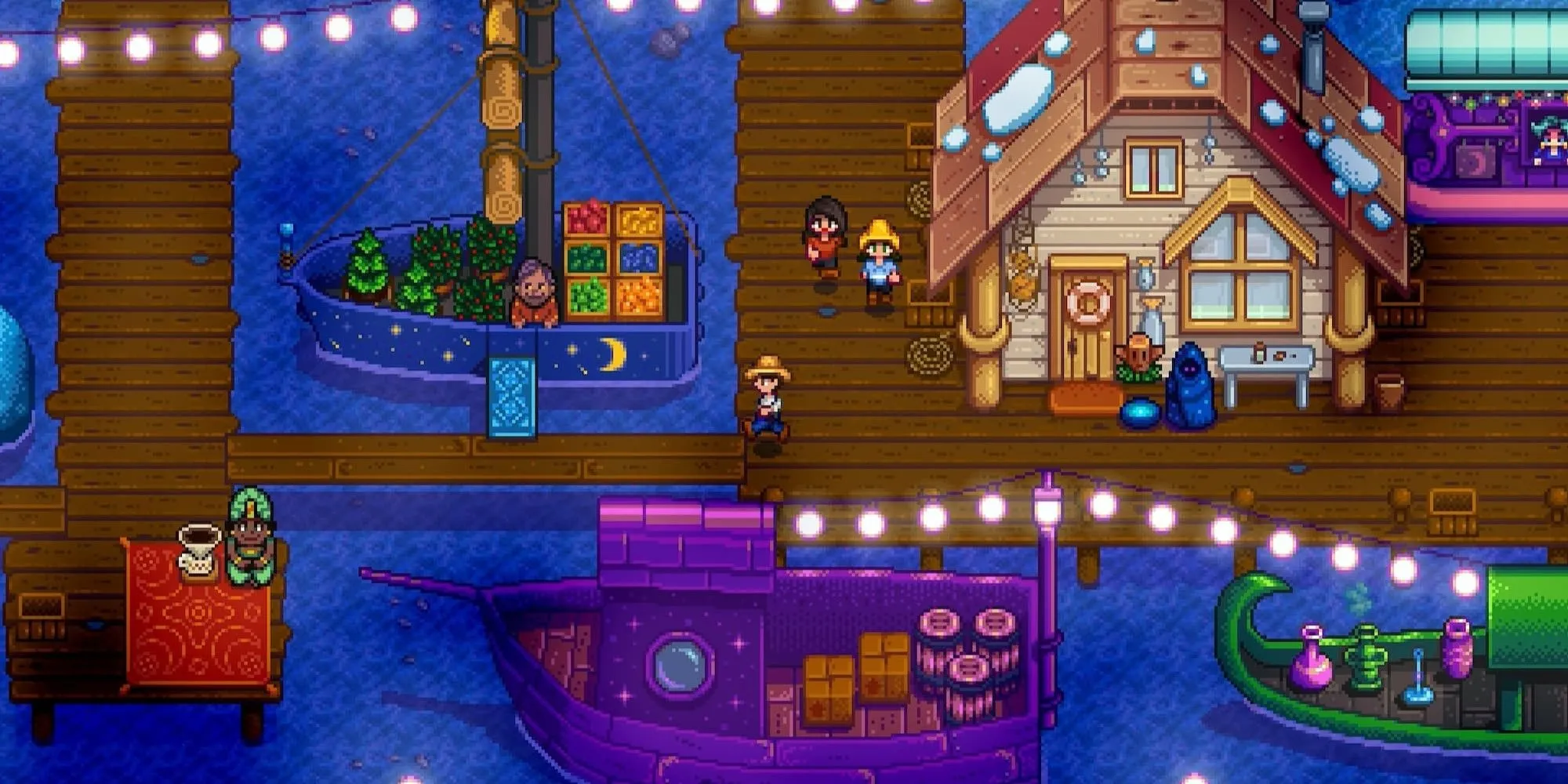 Chiếc thuyền màu tím tại bến cảng trong game nông trại Stardew Valley