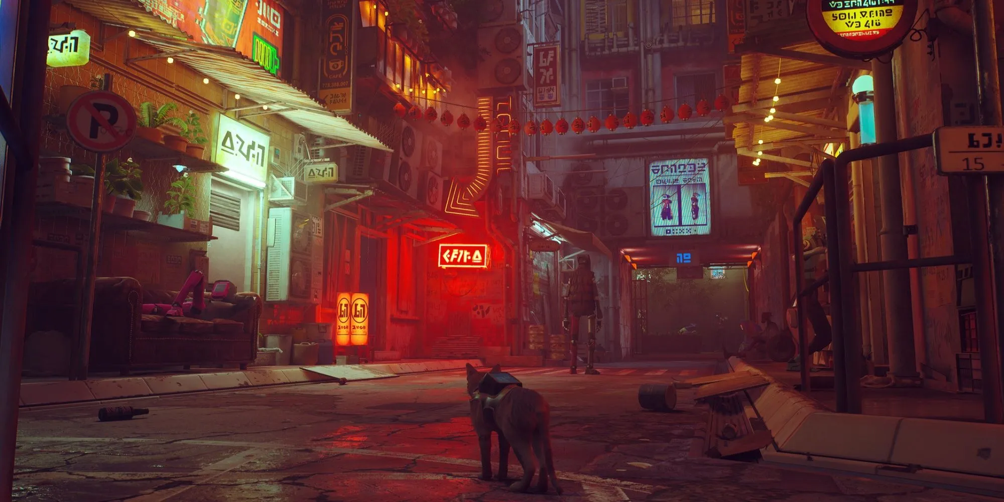 Chú mèo đi lạc giữa con phố thiếu sáng với vài biển hiệu neon phía xa trong game Stray