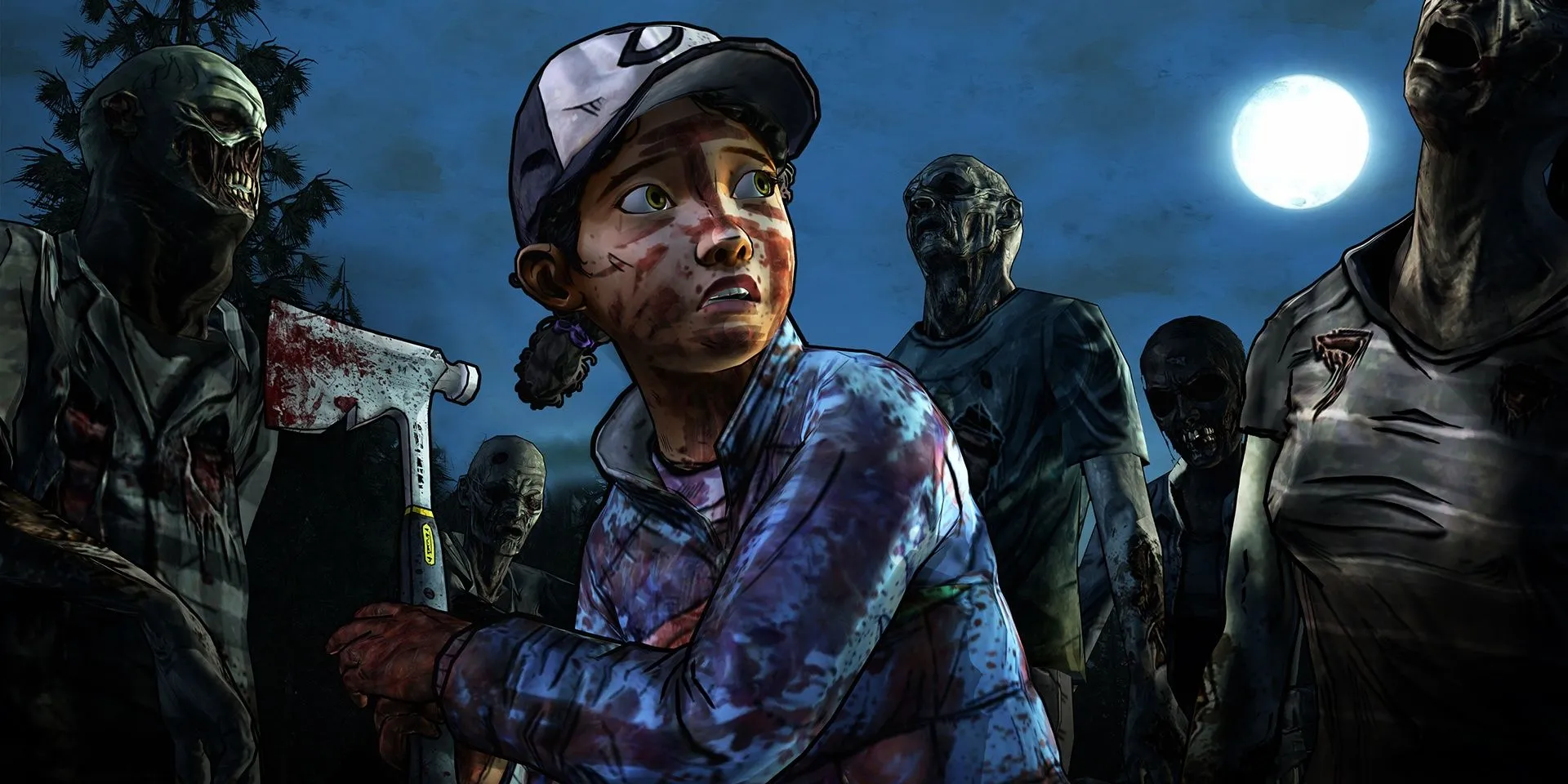 Clementine đứng giữa bầy xác sống (walker) trong khoảnh khắc căng thẳng của series game The Walking Dead.