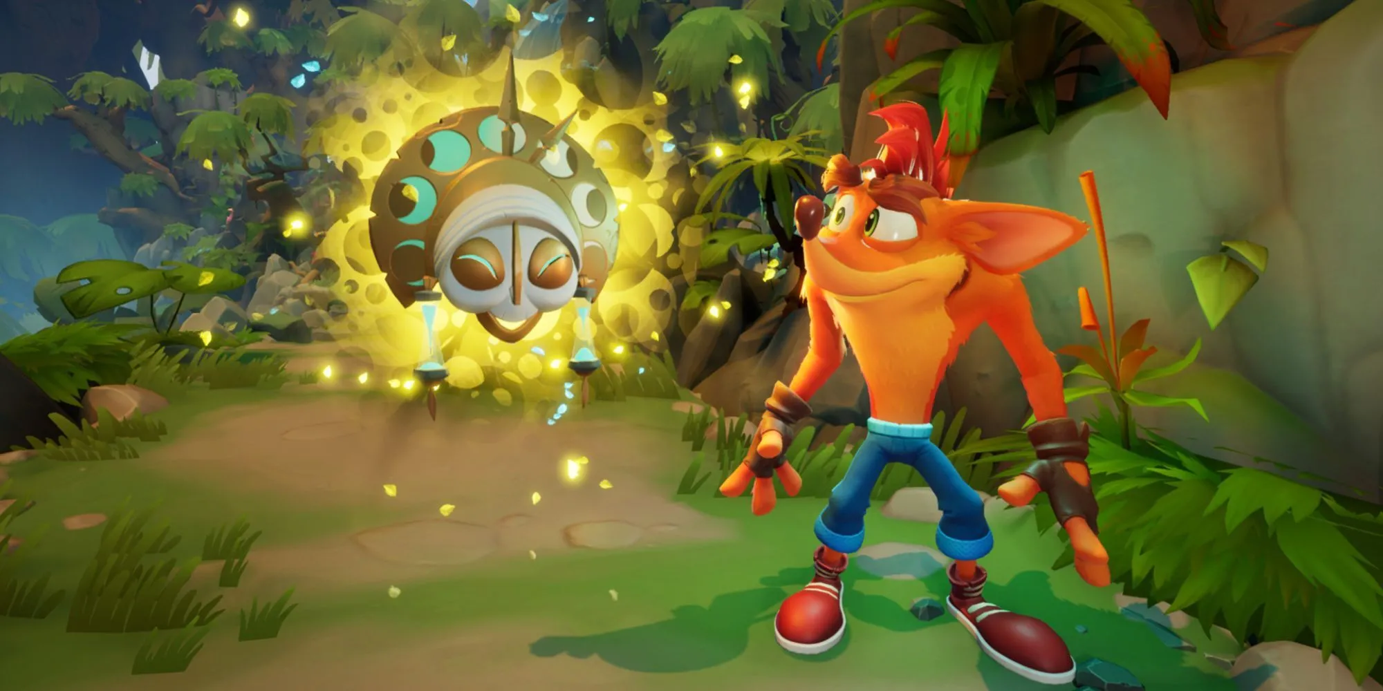 Crash Bandicoot and new mask character with a yellow glowing aura