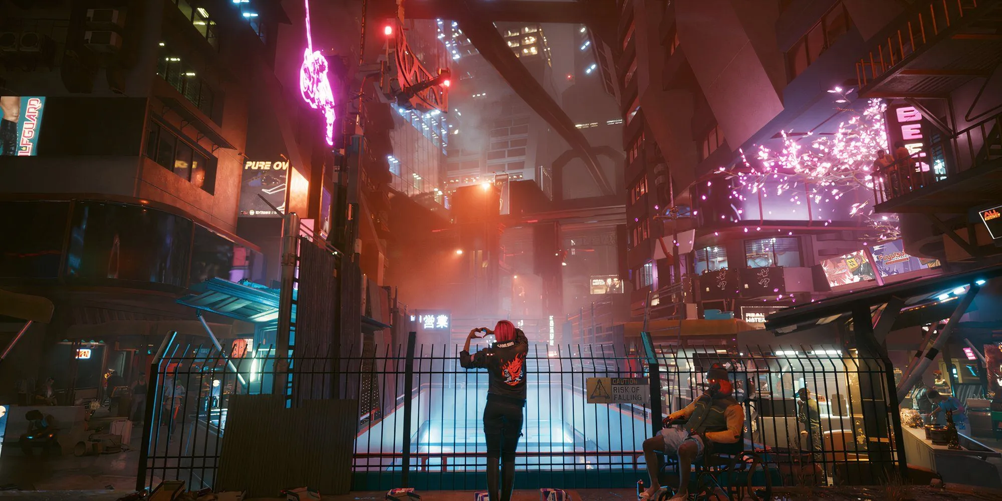 cyberpunk 2077 night city outdoors with two characters