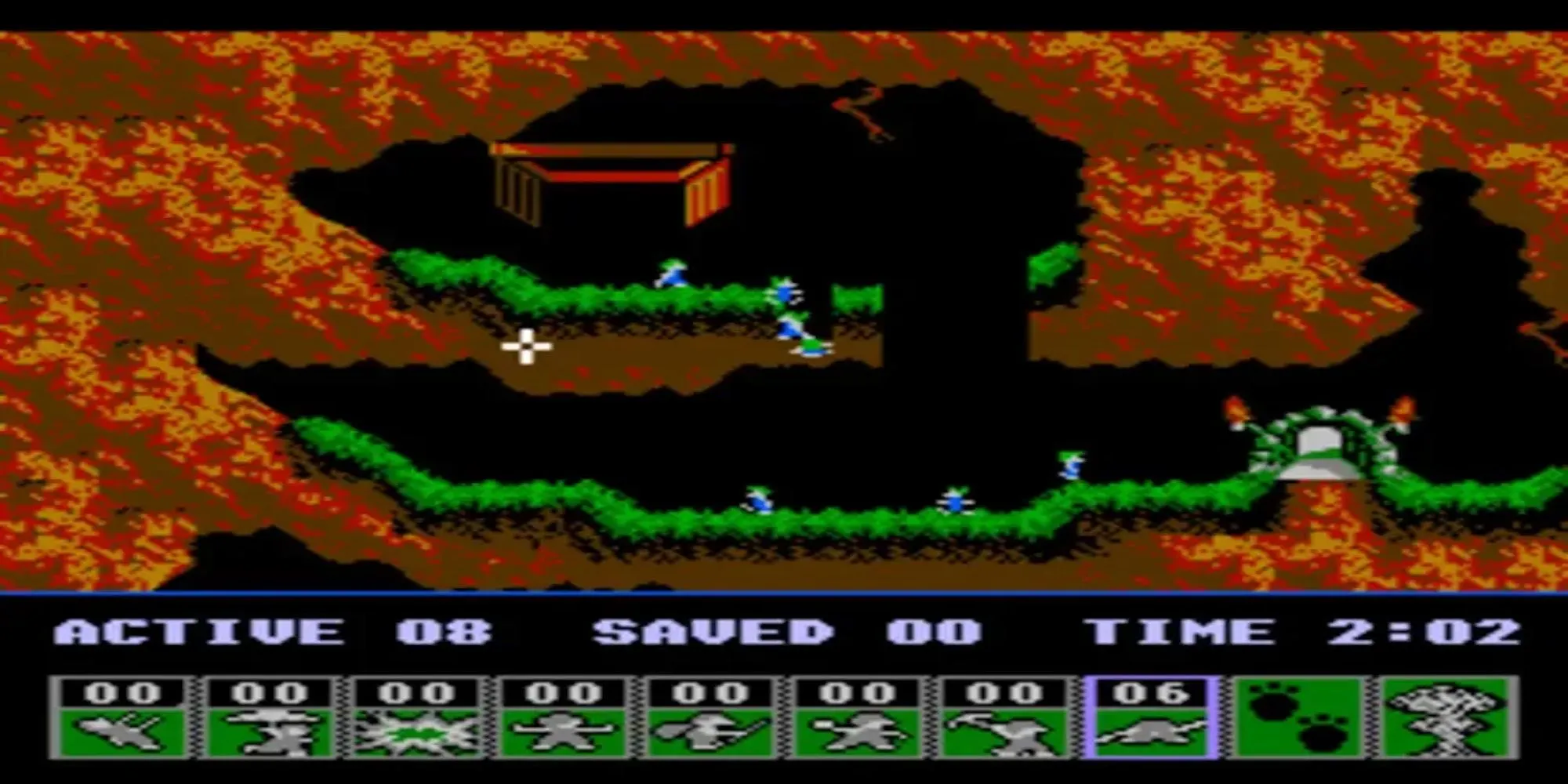 Đám sinh vật Lemmings xanh lét đi thành hàng trong game giải đố kinh điển Lemmings