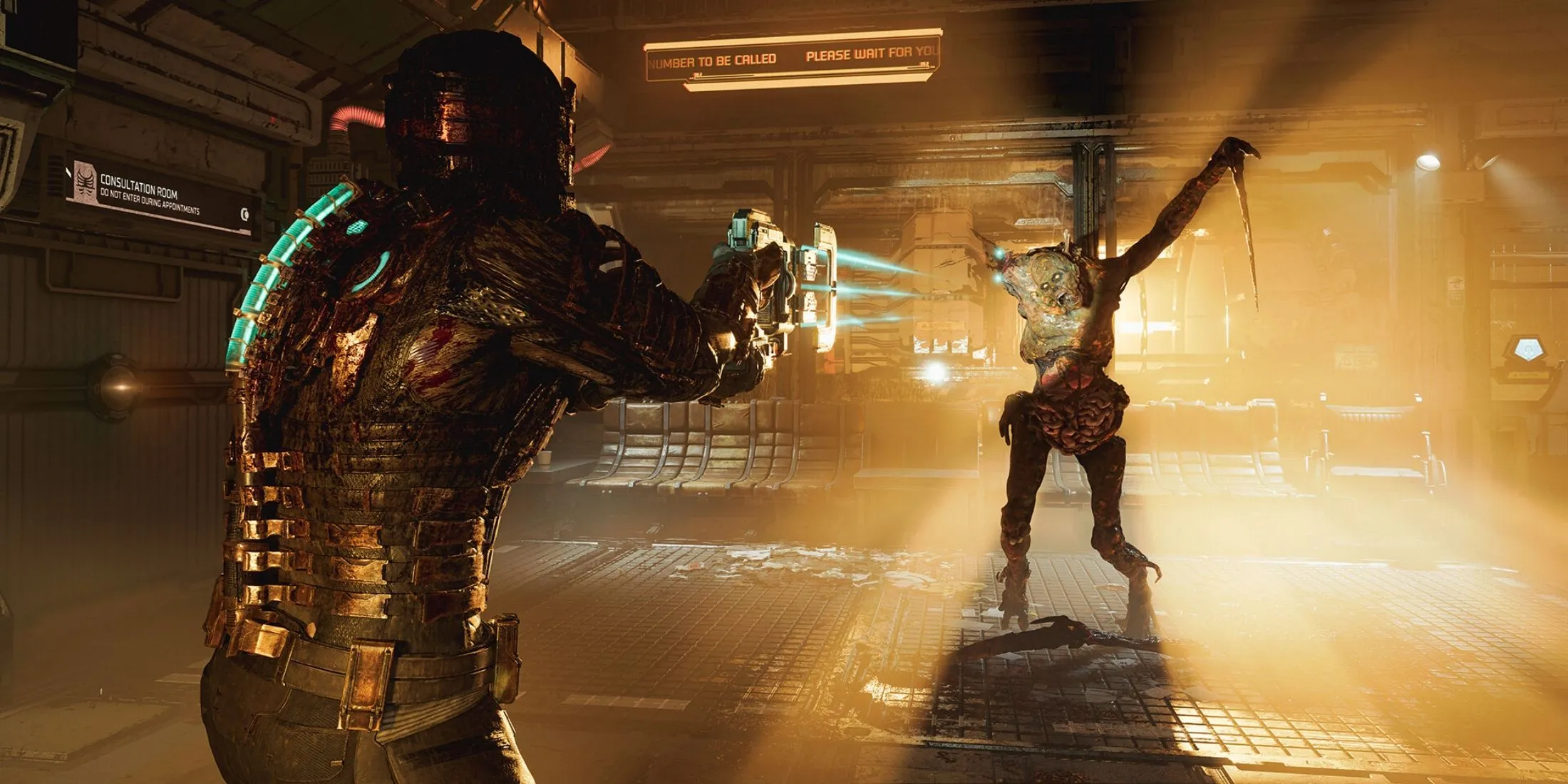 Dead Space 2023 Remake screenshot showing Isaac Clarke in a dark, metallic hallway