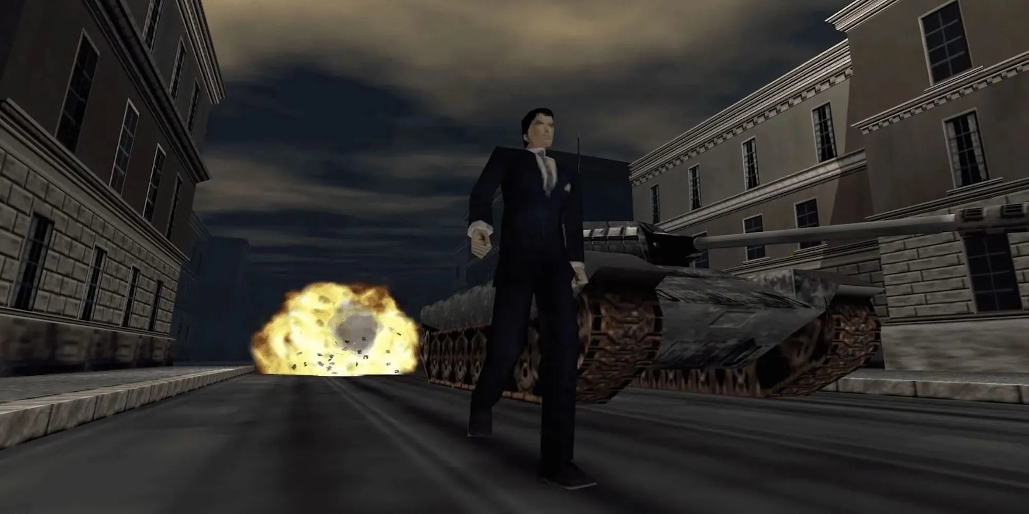 Điệp viên James Bond với cảnh cháy nổ đặc trưng trong game GoldenEye 007