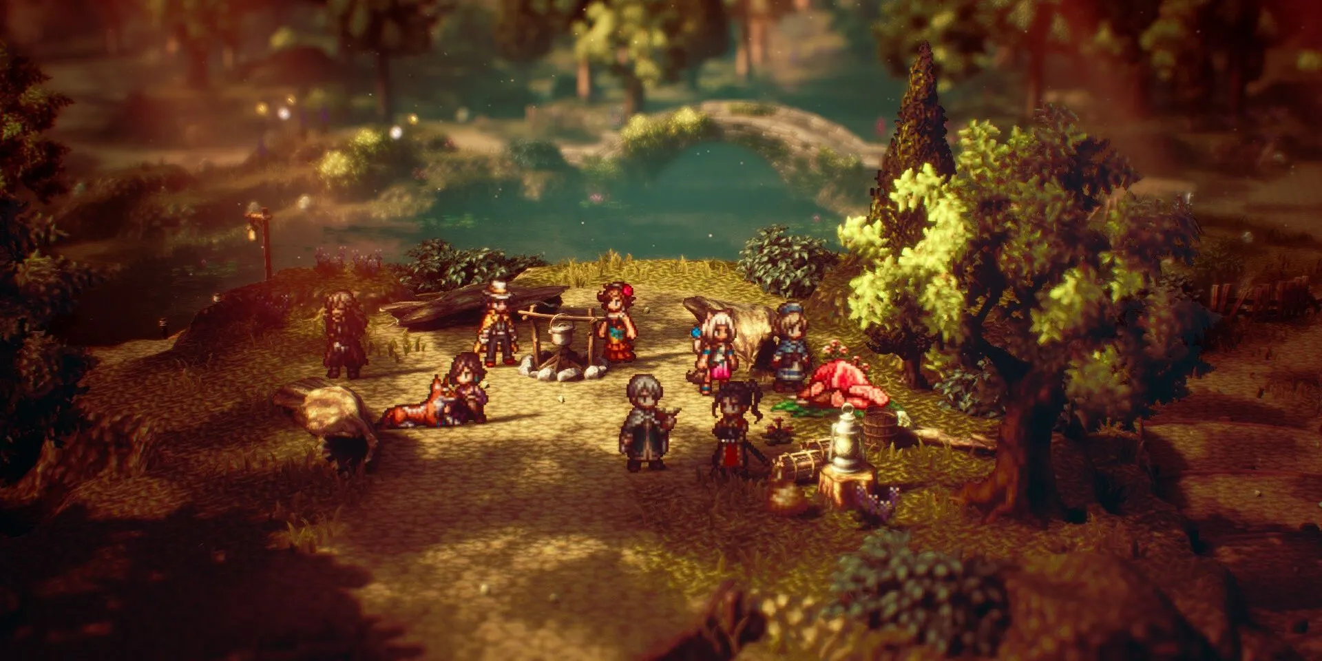 Đội hình quanh đống lửa trại trong Octopath Traveler 2