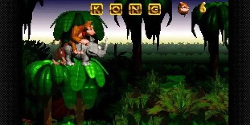 Donkey Kong cưỡi tê giác Rambi vượt địa hình trong game đi cảnh Donkey Kong Country
