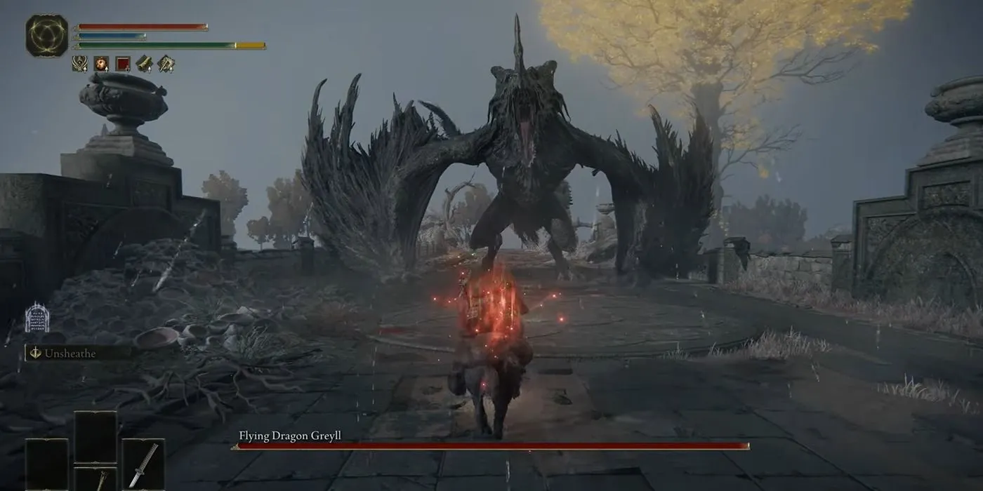 Flying Dragon Greyll trong Elden Ring, một con boss có thể xuất hiện theo chu kỳ ngày đêm