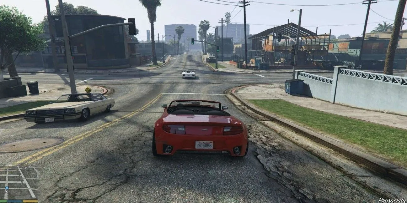 Franklin lái xe cẩn thận trong thành phố Los Santos, thể hiện cách chơi GTA 5 như công dân mẫu mực