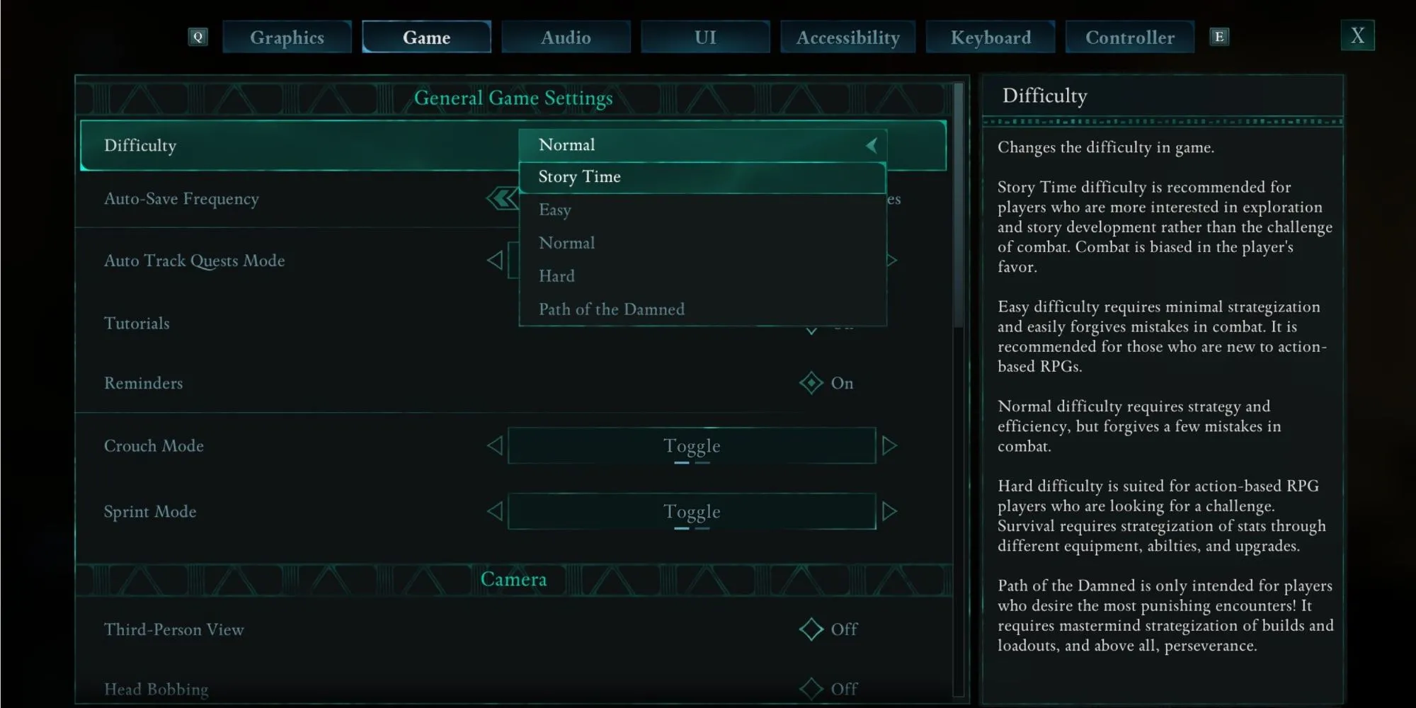 Giao diện menu cài đặt độ khó trong game Avowed, nơi người chơi có thể tùy chỉnh cấp độ thử thách