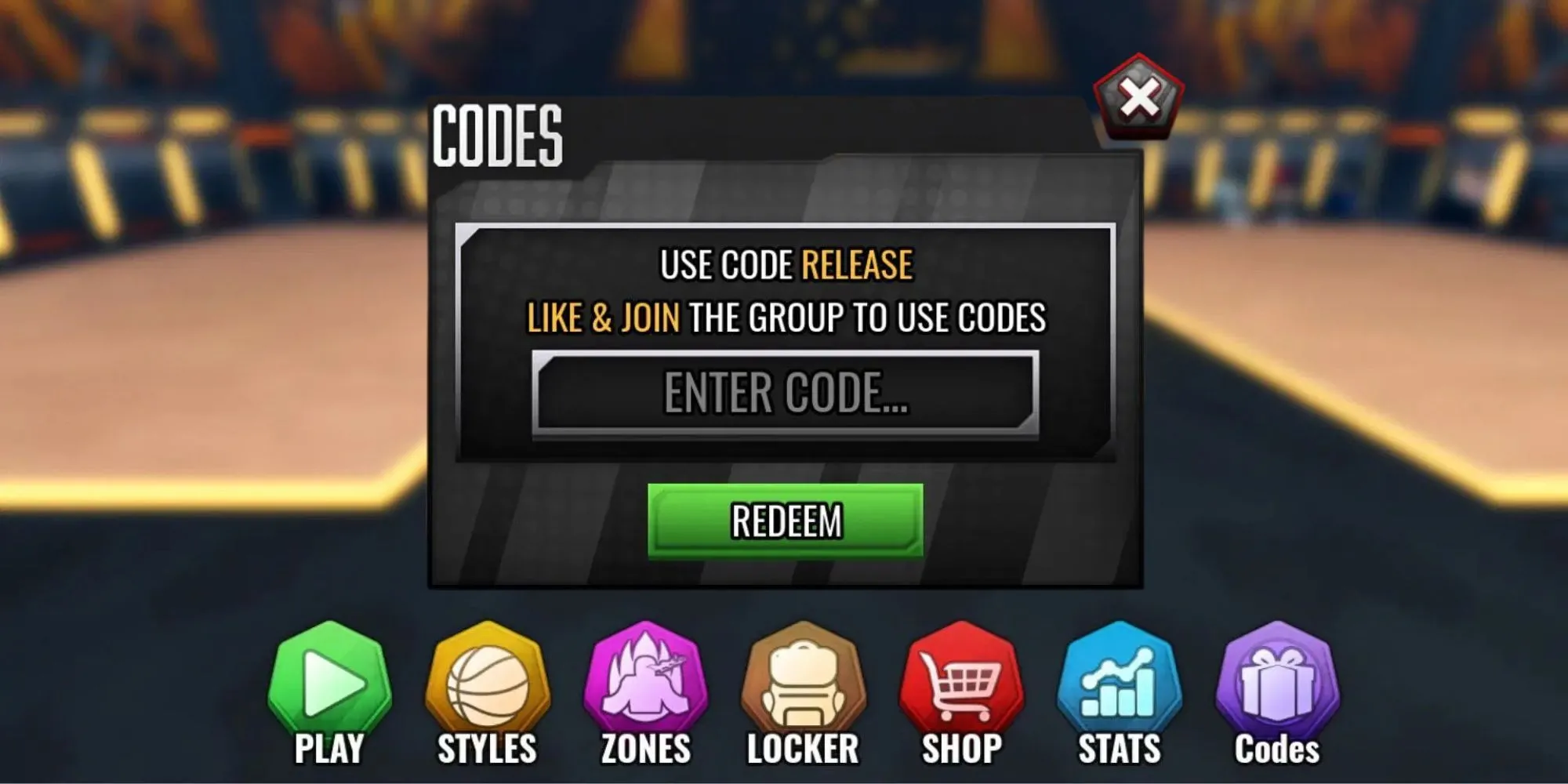 Giao diện nút nhập code trong game Basketball Zero Roblox