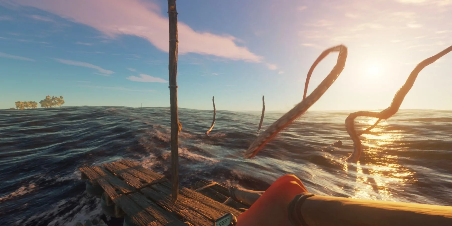 Góc nhìn người chơi đang chèo bè giữa biển với một hòn đảo nhỏ phía xa trong game sinh tồn Stranded Deep