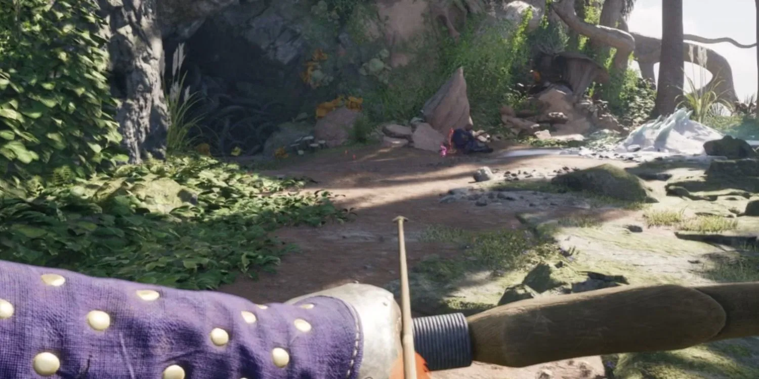 Góc nhìn thứ nhất khi sử dụng cung tên trong gameplay của game Avowed, thể hiện lối chơi hành động nhập vai đa dạng