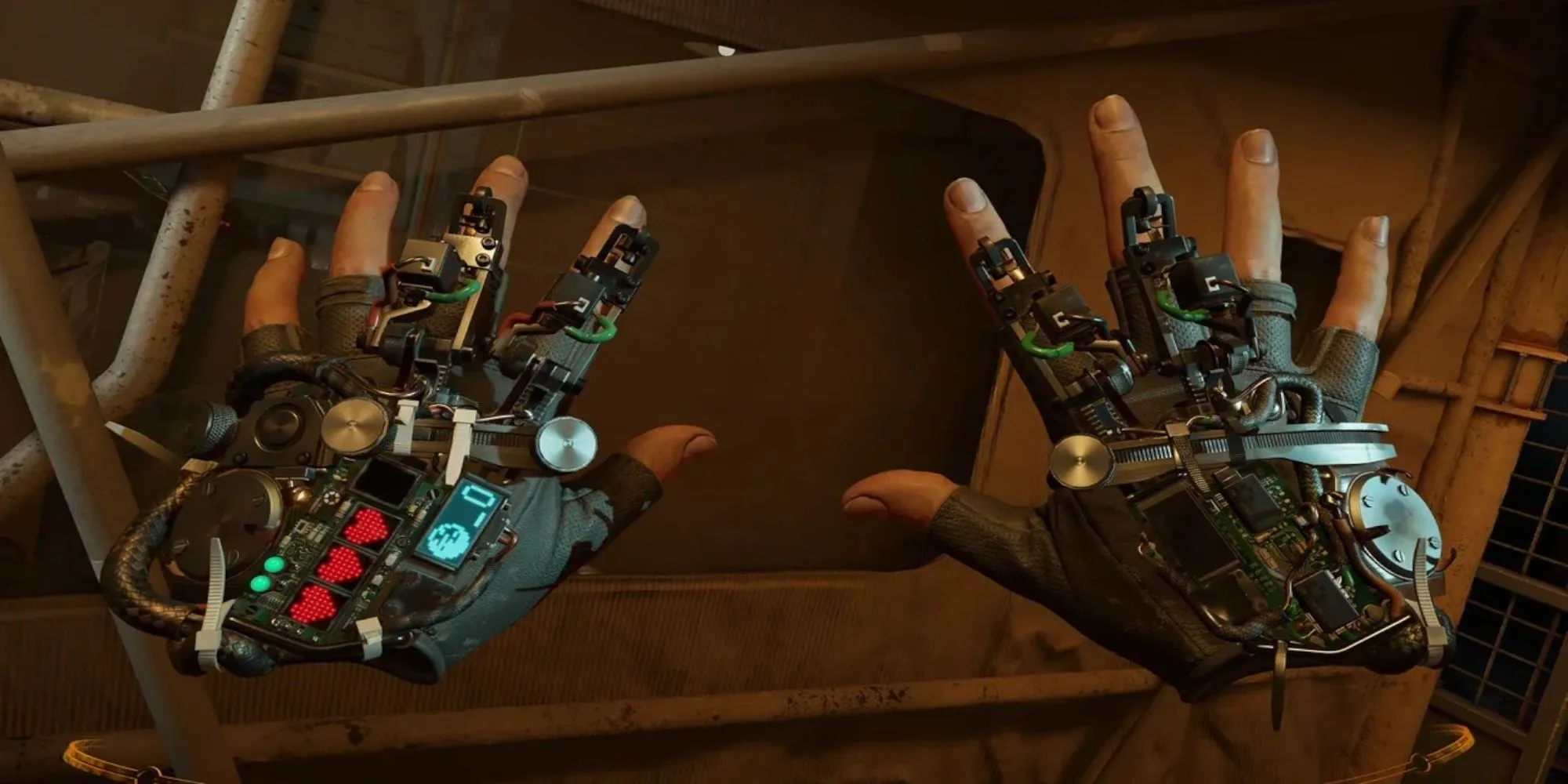 Hai bàn tay trong game VR Half-Life Alyx đang thao tác vật thể