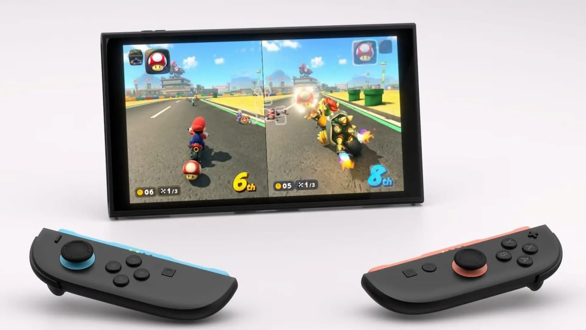Hai game thủ chơi game Mario Kart trên Nintendo Switch 2 với tay cầm Joy-Con