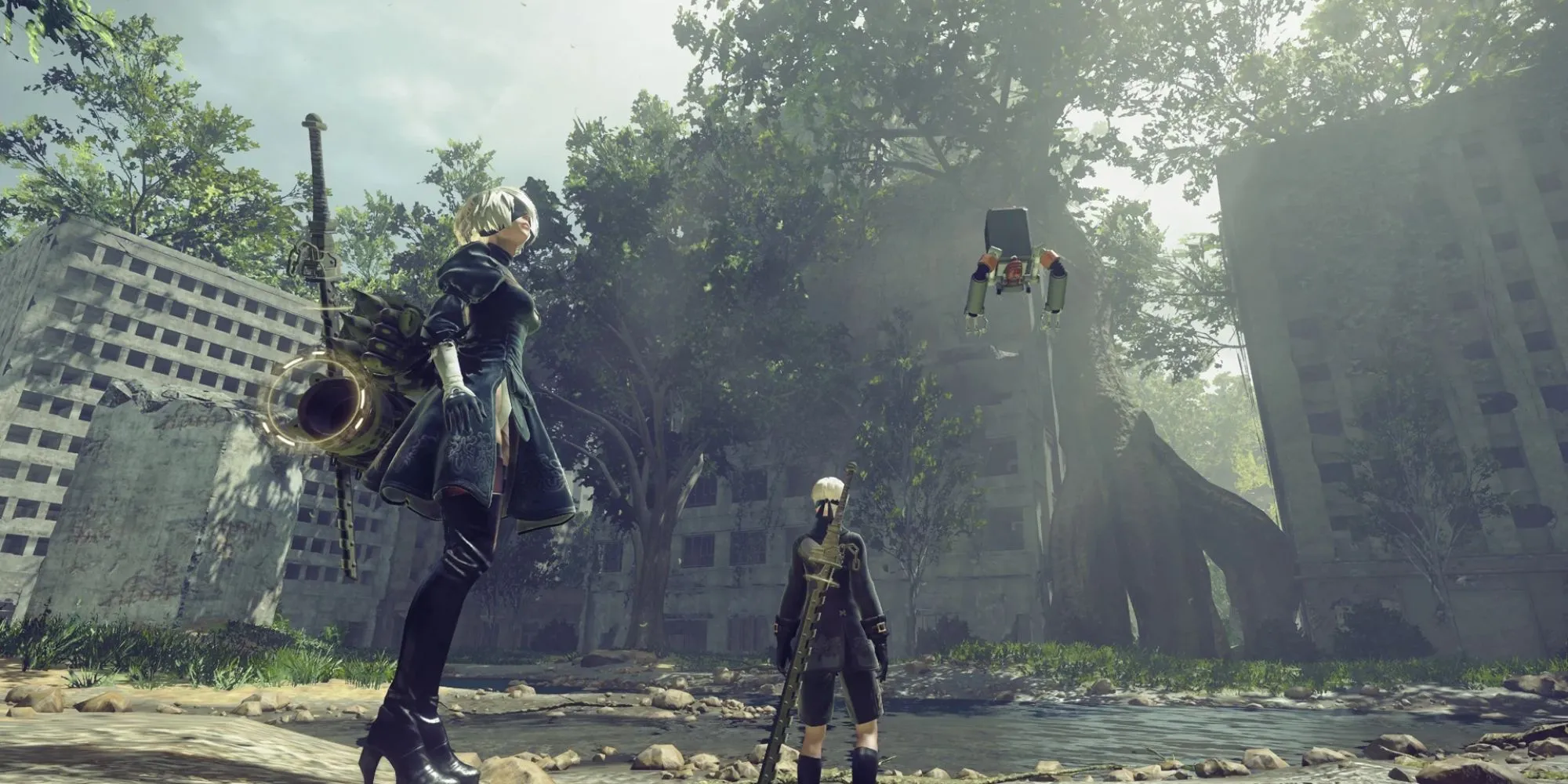 Hai nhân vật 2B và 9S khám phá thế giới hoang tàn trong NieR Automata, thể hiện chủ đề cô lập