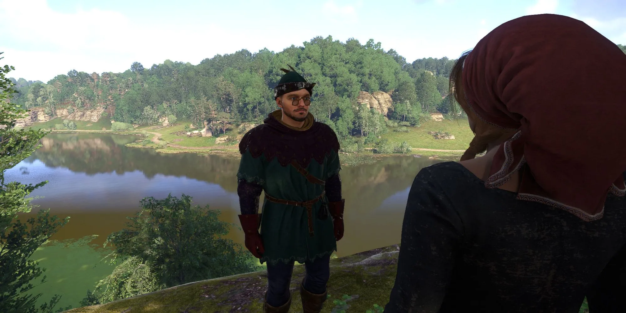 Henry nói chuyện với một phụ nữ bên hồ, minh họa kỹ năng Thuyết phục (Charisma) trong Kingdom Come Deliverance 2