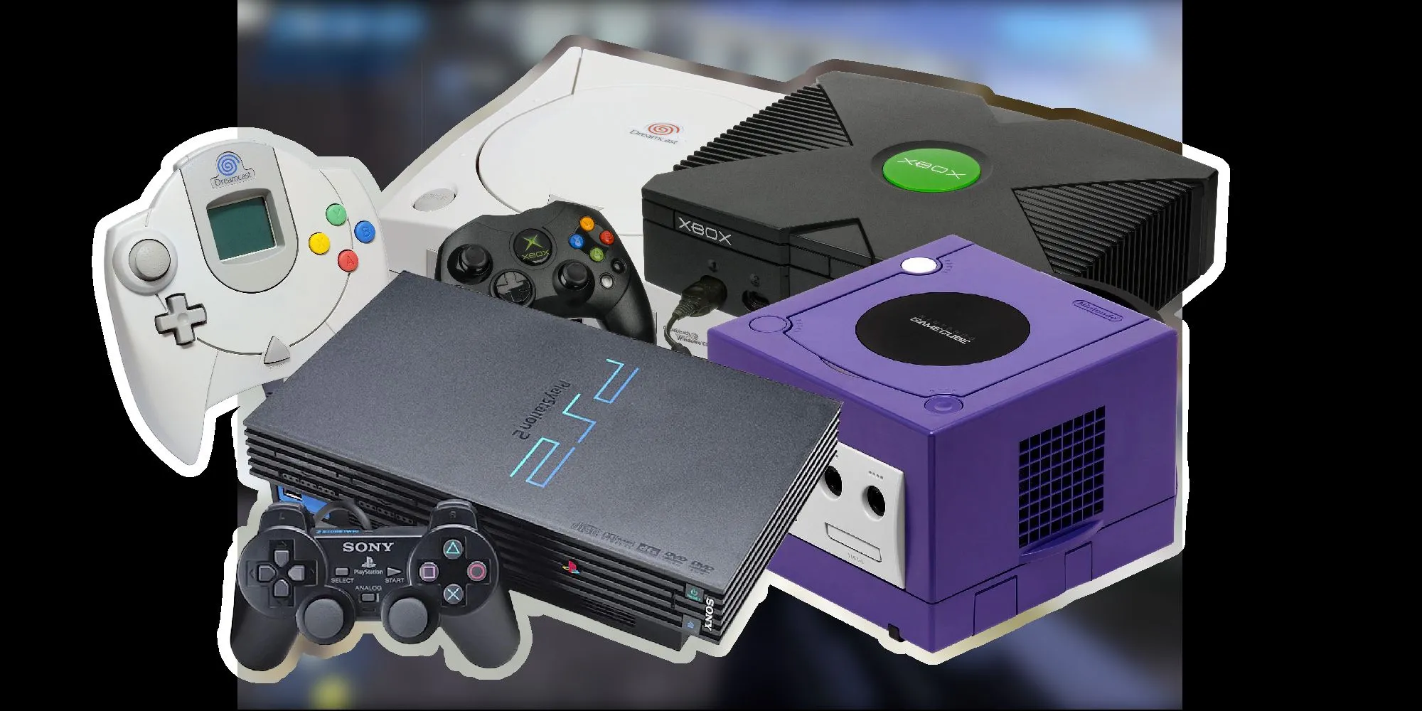 Hình ảnh các máy console thế hệ thứ sáu: Dreamcast, PS2, Gamecube và Xbox
