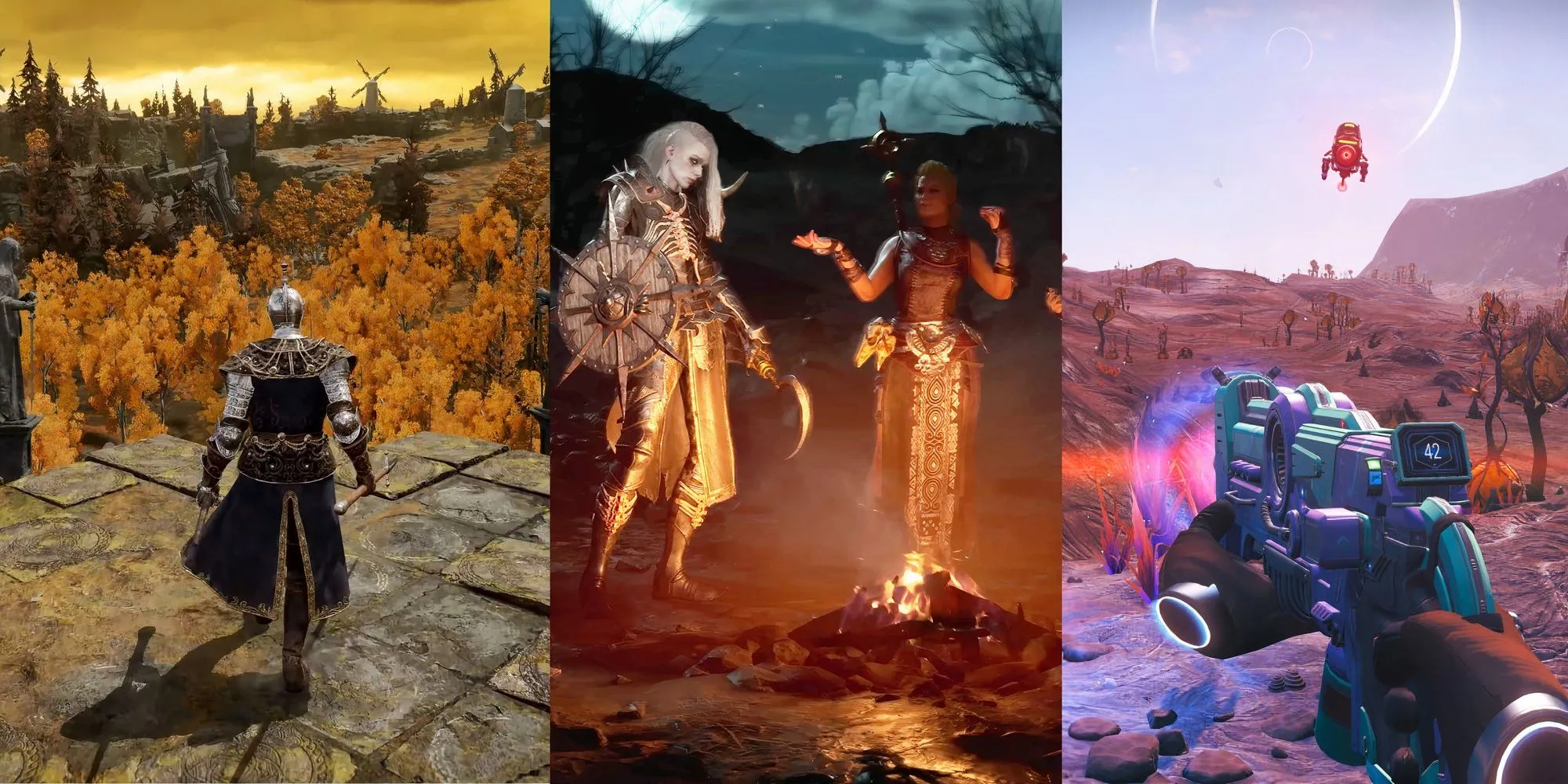 Hình ảnh chia đôi giữa Elden Ring và Diablo 4, minh họa game thế giới mở
