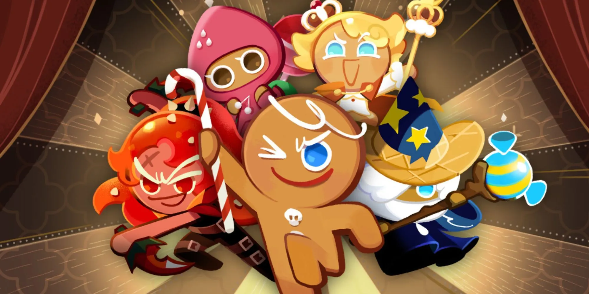 Hình ảnh game Cookie Run Kingdom với các nhân vật cookie đáng yêu và cảnh vương quốc.