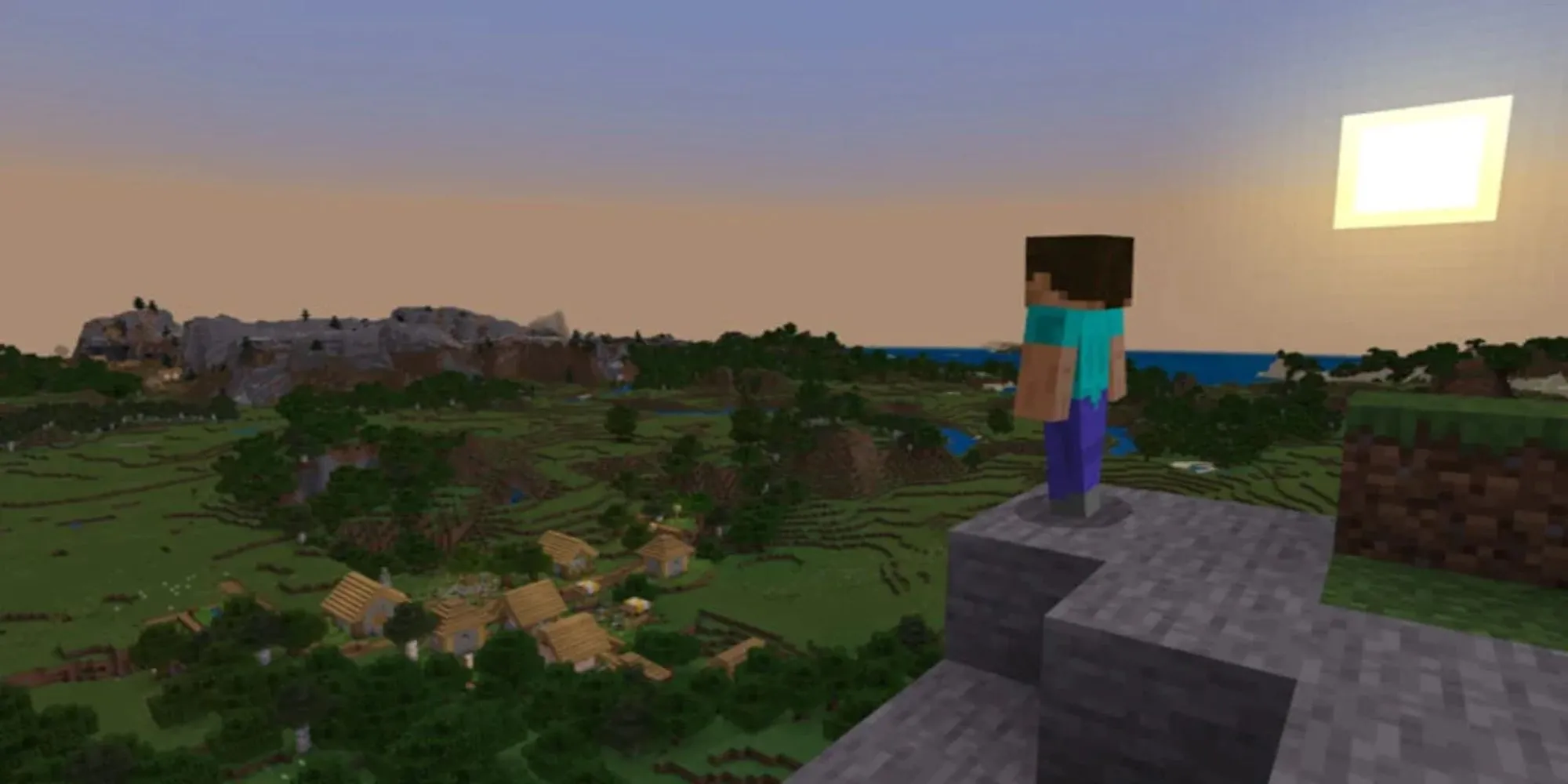 Hình ảnh gameplay Minecraft với cảnh quan khối vuông đặc trưng và nhân vật đang khám phá