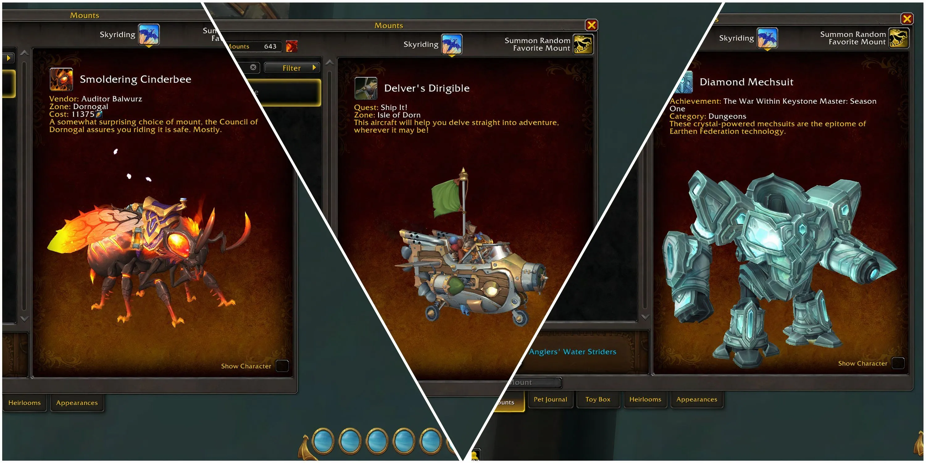 Hình ảnh minh họa các loại thú cưỡi độc đáo trong thế giới World of Warcraft.