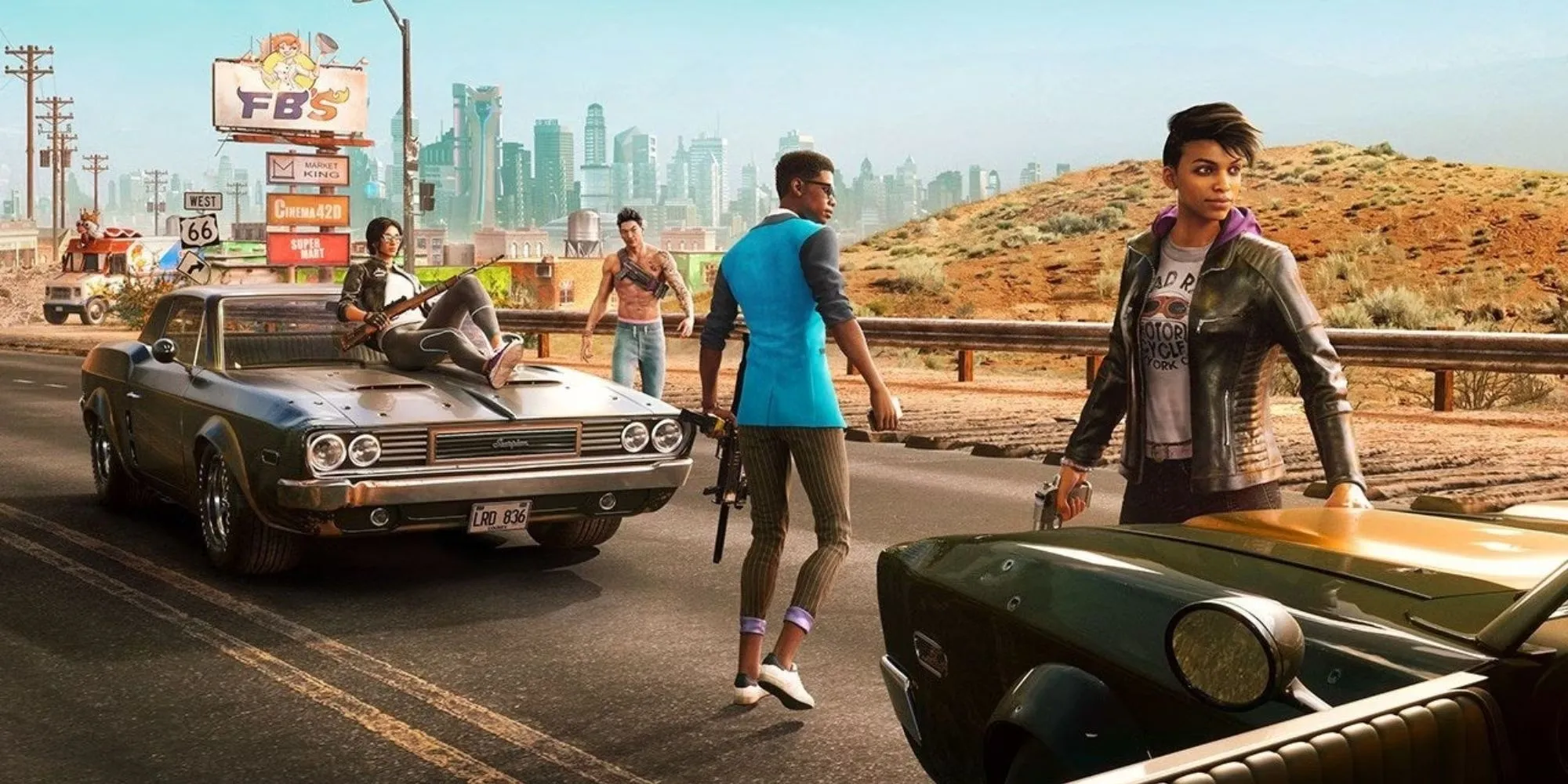 Hình ảnh nhân vật chính trong Saints Row 2022 đứng giữa một thế giới mở đầy màu sắc và hỗn loạn