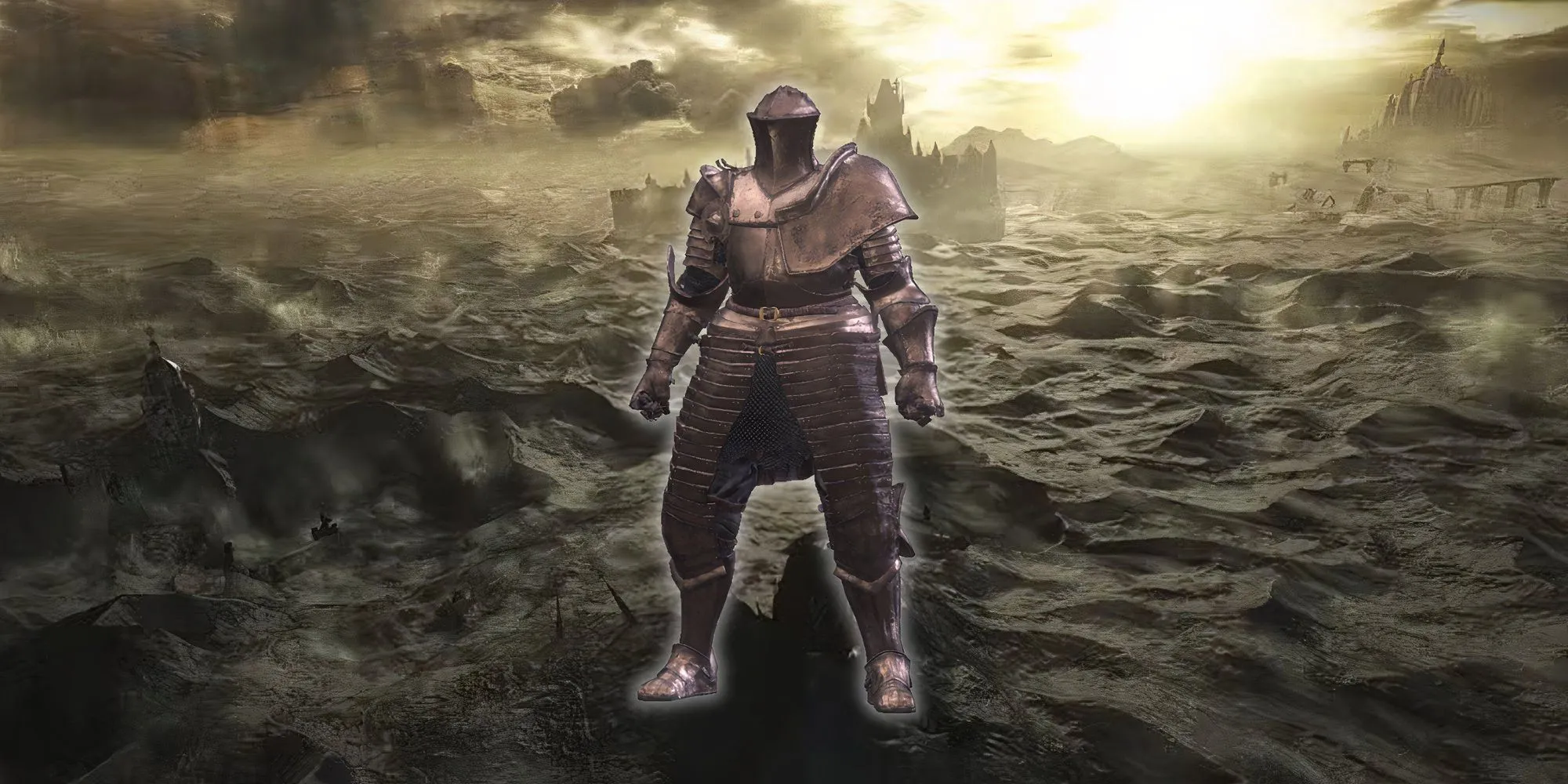 Hình ảnh NPC Amnesiac Lapp trong bộ giáp hiệp sĩ, cầm đại khiên và vũ khí, xuất hiện trong Dark Souls 3.