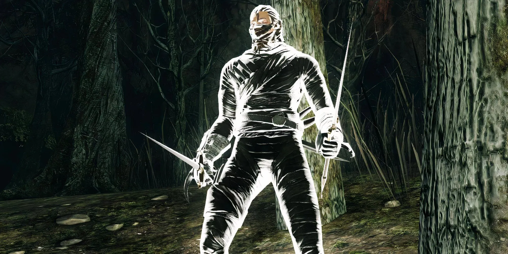 Hình ảnh NPC Bashful Ray với chiếc mũ trùm đầu, cầm cặp dao găm và ống nhòm trong Dark Souls 2.