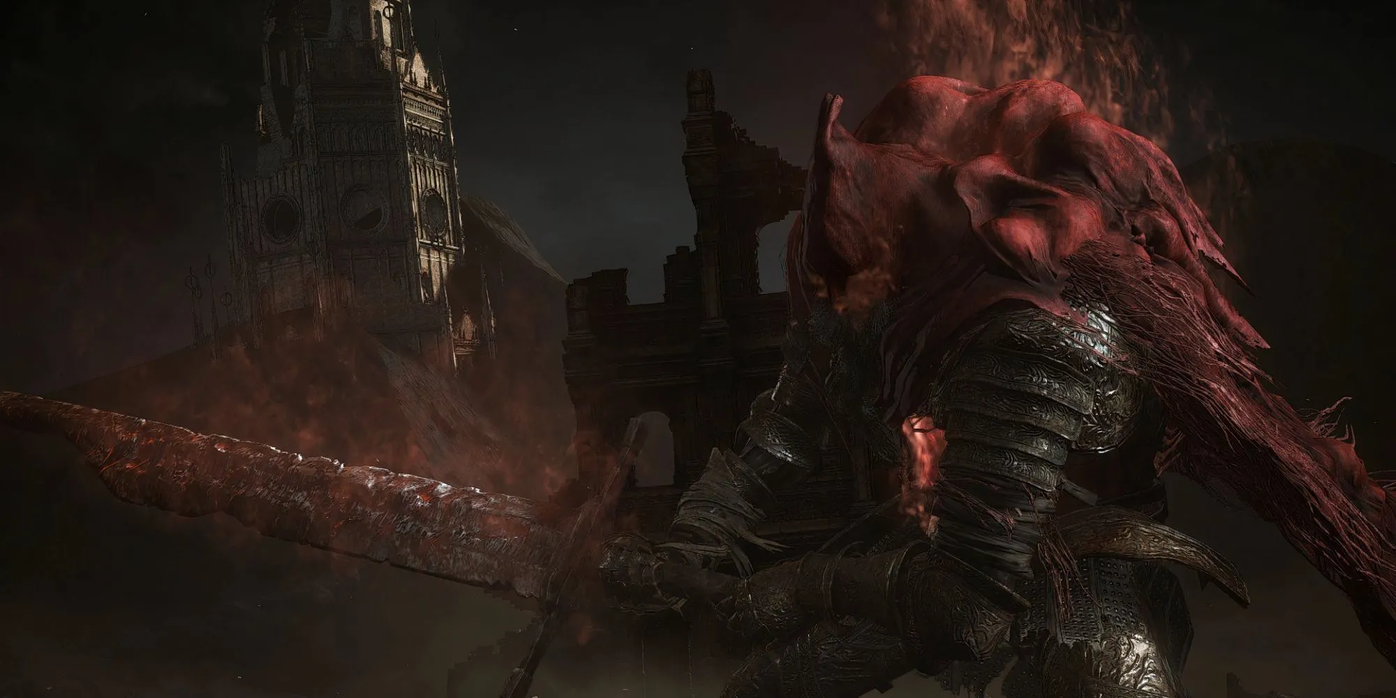 Hình ảnh NPC Slave Knight Gael trong trang phục hiệp sĩ rách rưới, với vũ khí đặc trưng, trong môi trường hoang tàn của Dark Souls 3.