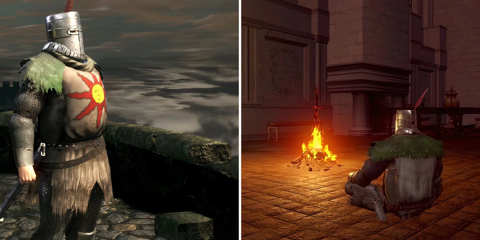 Hình ảnh NPC Solaire of Astora trong bộ giáp đặc trưng, giơ tay &quot;Ca Ngợi Mặt Trời&quot;, biểu tượng nổi tiếng của Dark Souls.